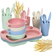 Ratulie 24-Piece Wheat Straw Kids Dinnerware Set - Unbreakable BPA-Free Toddler Plates Bowls Cups Utensils, Microwave Dishwasher Safe for Home School Picnics