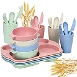 24 PCS Wheat Straw Dinnerware Set for Kids Toddler Plate Bowl Cup Sets Unbreakable BPA-Free Tableware Set with Divided Plate Microwave Dishwasher Safe Perfect for Home School Picnics