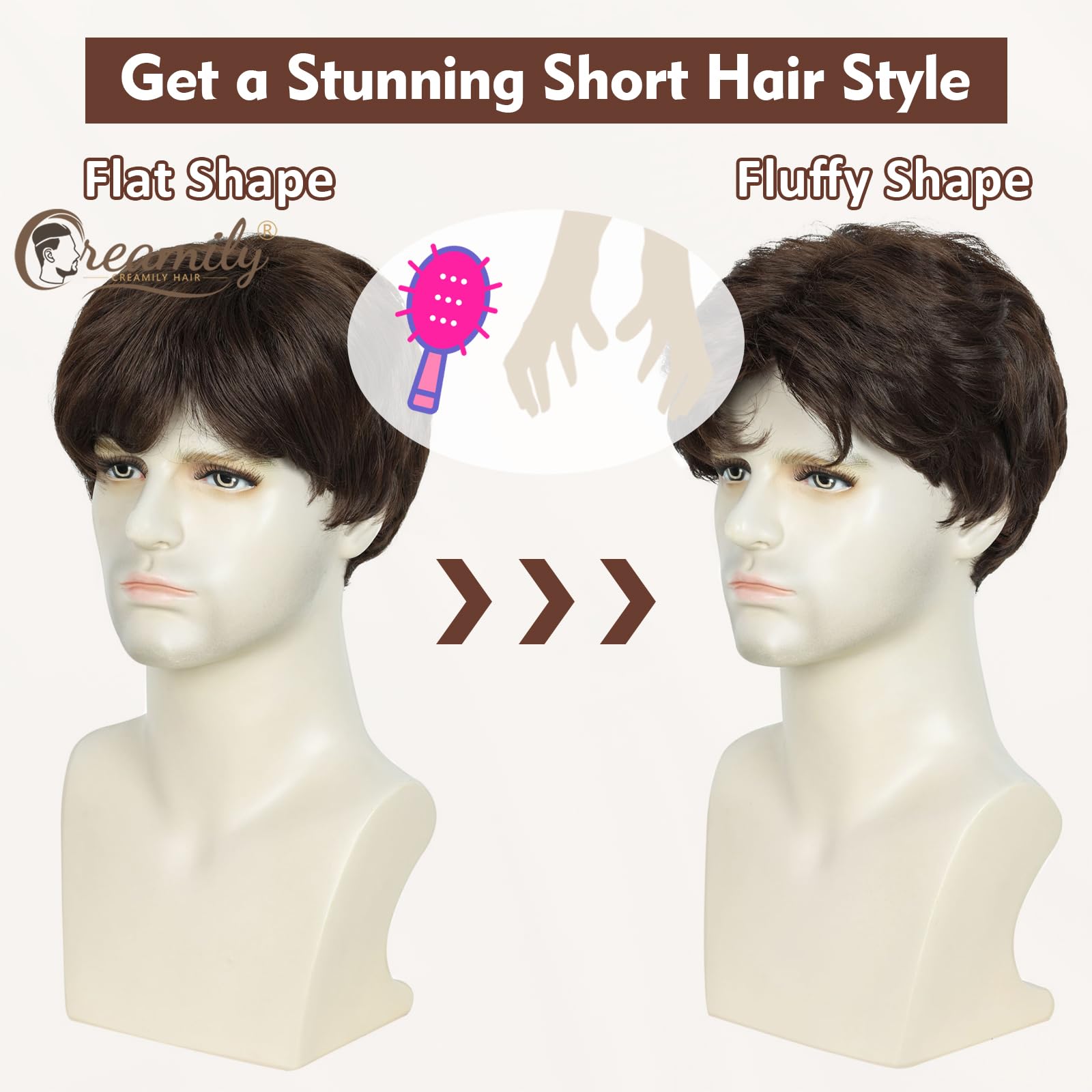 Creamily Brown Short Hair Wig for Mens Natural Hair,Layered Fluffy Hair Wigs,Full Hair Wig Synthetic for Men Party Daily 3