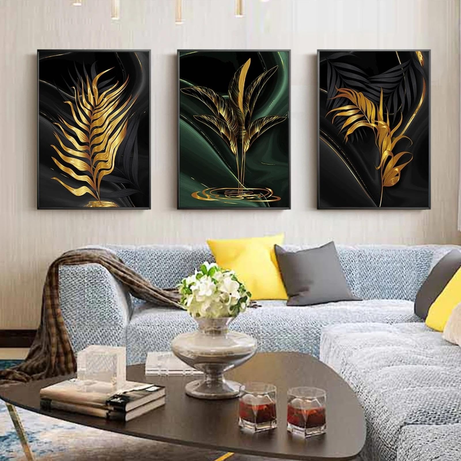 YIUEYI Moderno abstracto oro verde hoja negra 3 piezas lienzo pintura sala de estar hogar baño arte de la pared conjunto planta cartel imagen decoración 40x60cm (16x24in) x3 con marco