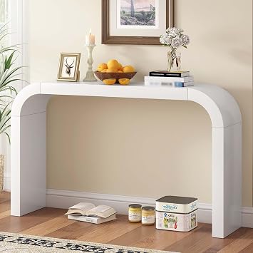 White Curved Console Table for Entryway - Modern Entryway Table with Curved Edge Design, Arched Console Tables for Hallway Living Room White
