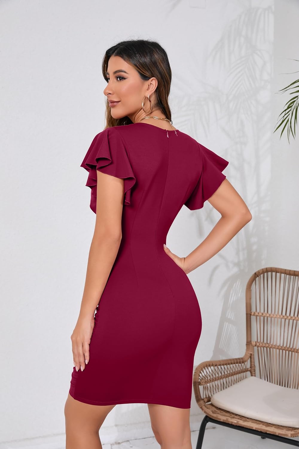 OWIN Women's Sexy V Neck Ruffle Sleeve Faux Wrap Ruched Bodycon Mini Party Cocktail Dress - Image 4