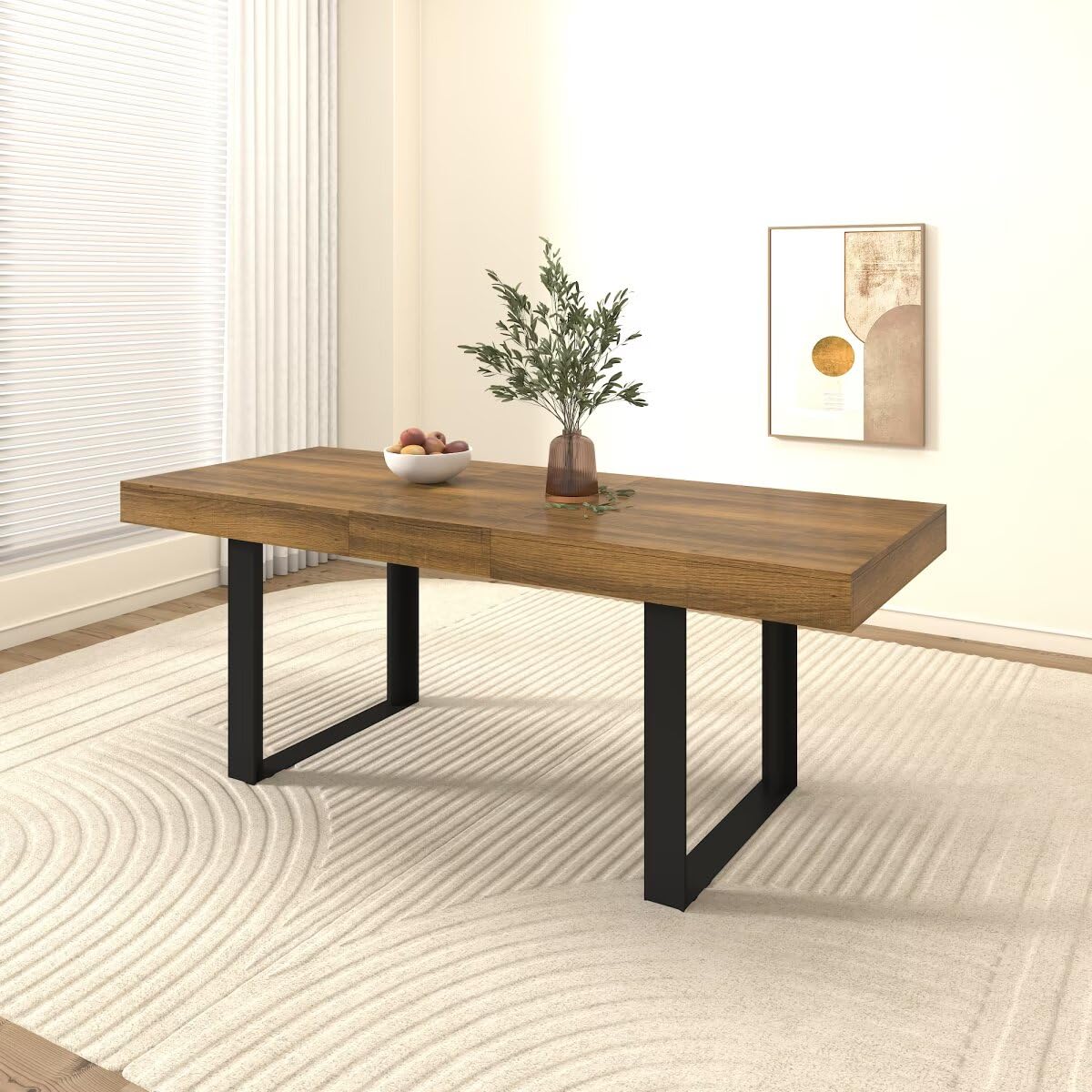 JIJIWANG Rectangle extendable Dining Table for 6-10 People Aged Effect Wood and Black 160-200 cm