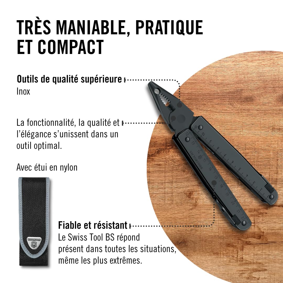 Victorinox Swiss Tool Spirit Bs, Couteau de Poche Suisse, Multitool, Couteau Multifonction de 29 Fonctions, Lame Fixe, Etui, Noir