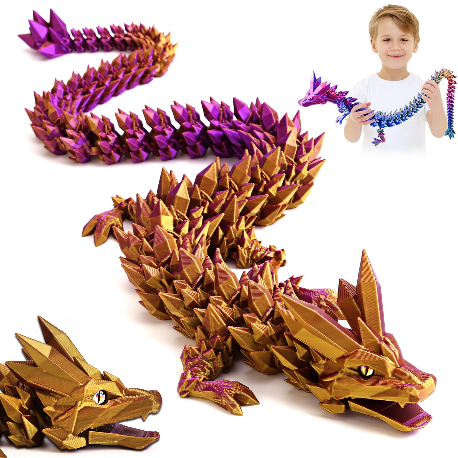 3D Printed Dragon Toys with Eyes, Bendable and Flexible Big Fidget, 24 inches Dazzling Gradient Crystal Wyrm, Articulated Gem Serpent Figure for Home Office Decor (Mystic Gradient Dragon)