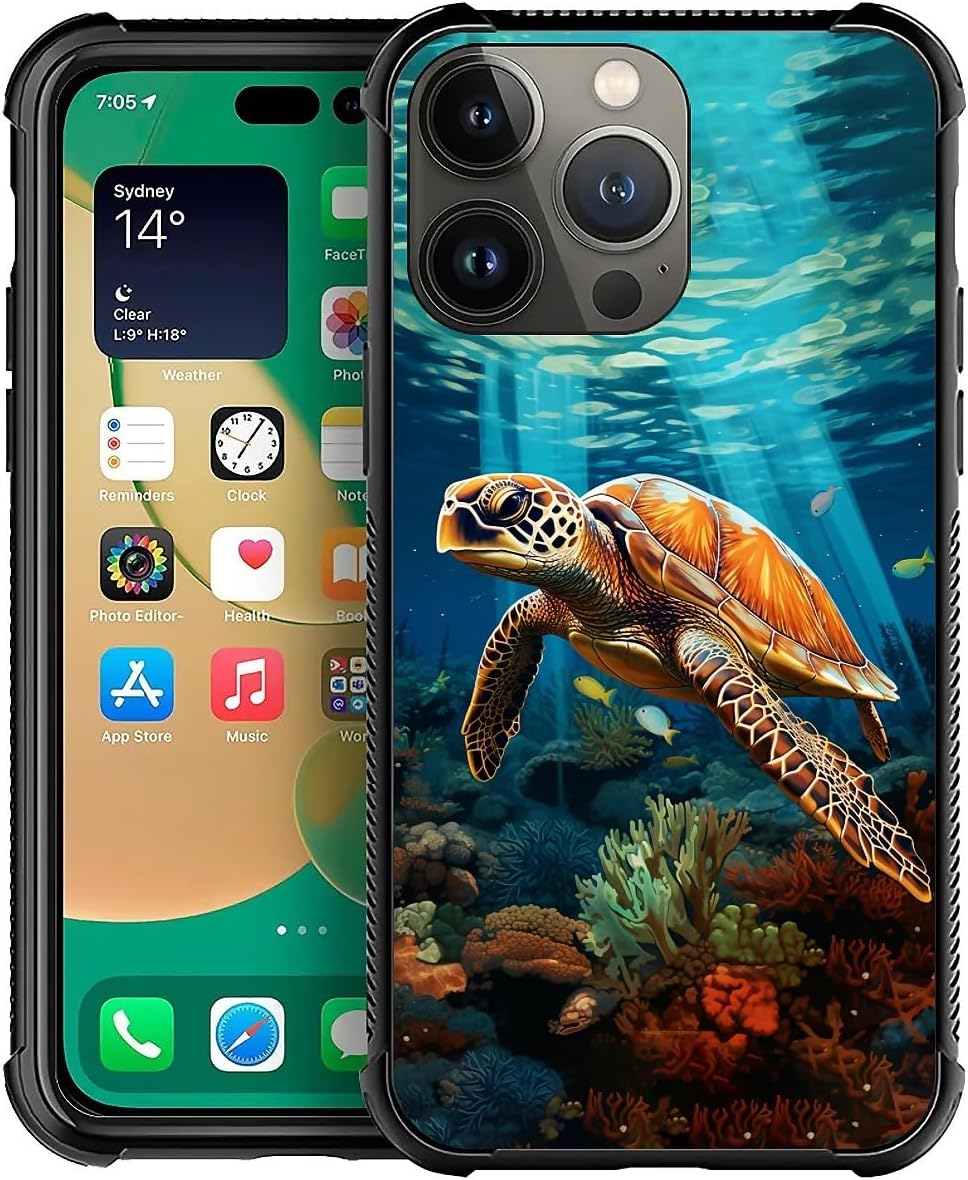 CARLOCA Compatible with iPhone 14 Pro Max Case, Cute Ocean Turtle Coral Fish Reef Pattern for Girl Ultra Protection Shockproof Soft Silicone TPU Non-Slip Back