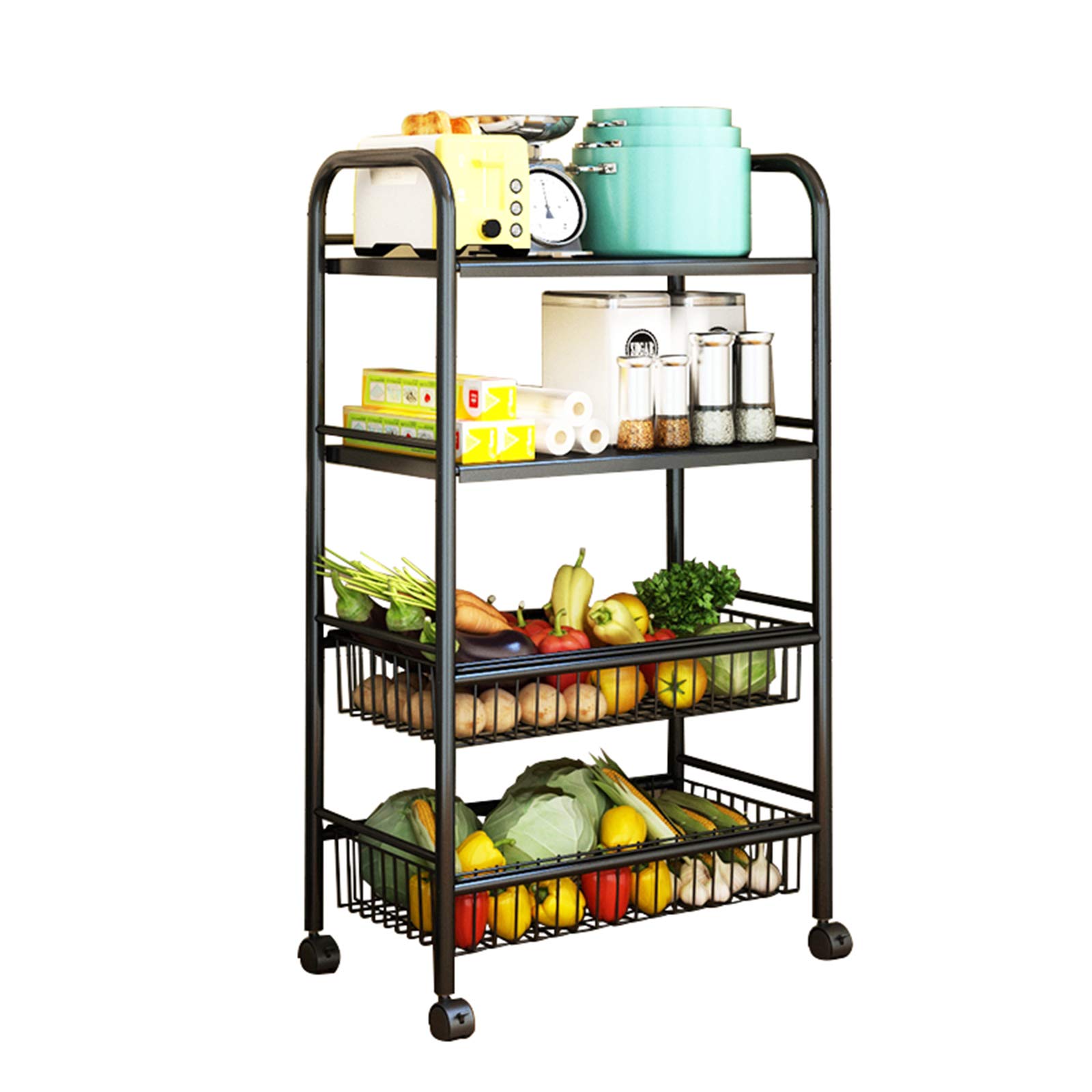 Soporte para microondas JATIBOSH, estante de metal de 5 niveles con ruedas y canasta para cocina