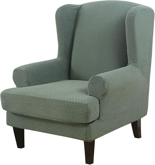 Wingback Chair Cover 2-Piece Stretch Jacquard Wing Chair Cover Twill Wing Chair Slipcover Solid Colour Armchair Cover Washable & Anti-wrinkle Sofa Cover Furniture Protector (Light green)
