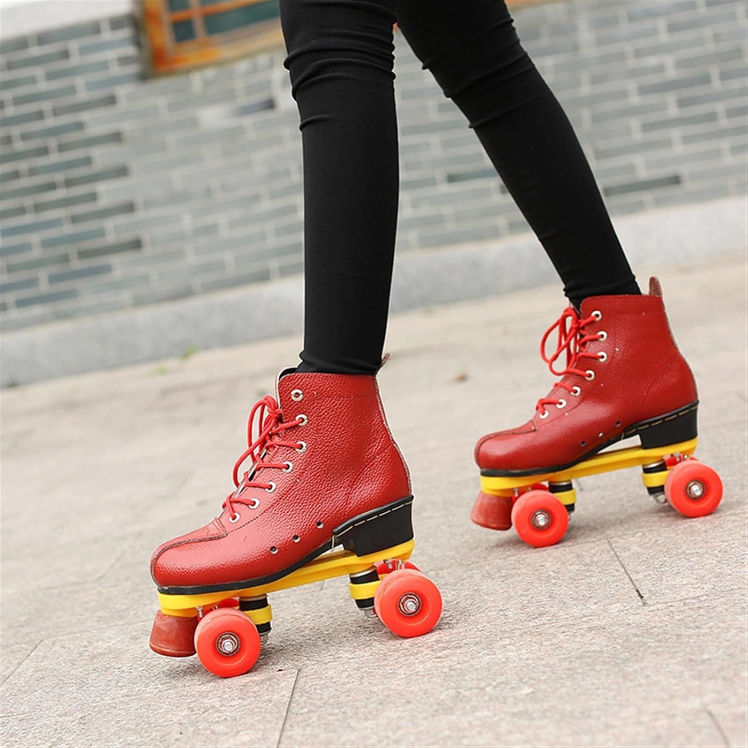 Rindsleder Rollschuhe Damen Und Erwachsen Klassisch Doppelreihe Roll Schuhe Mit 4 Rädern for Herren Unisex, Sport Rollerskates