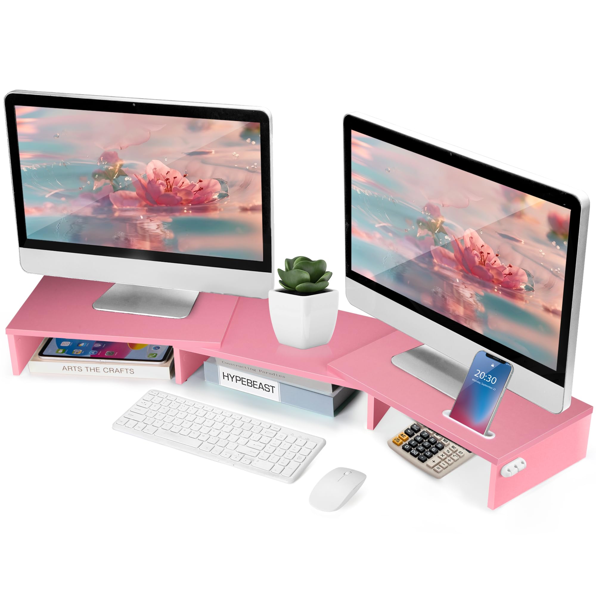 La Jaco Dual Monitor Stand Riser for 2 Monitors, Monitor Stand for Desk, Adjustable Length & Swivel Angle Wooden Desktop Organizer Stand Riser with