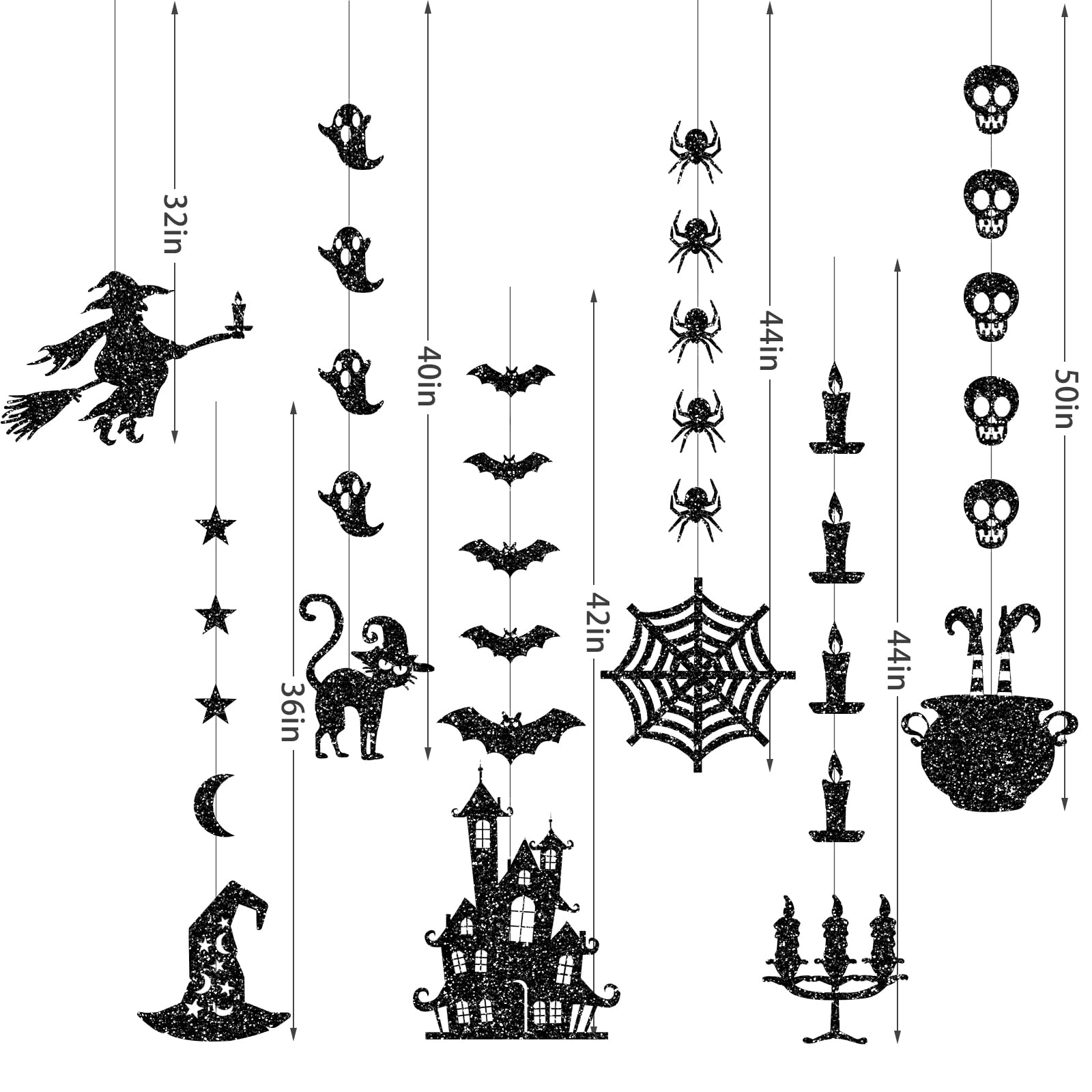 Glitzernde schwarze Halloween-Girlande zum Aufhängen – Geister, Hexen, Fledermäuse, Spinnen, Spukhaus, Katze und mehr – Partyzubehör für den Innen- und Außenbereich für Gothic-Geburtstag, Zuhause,