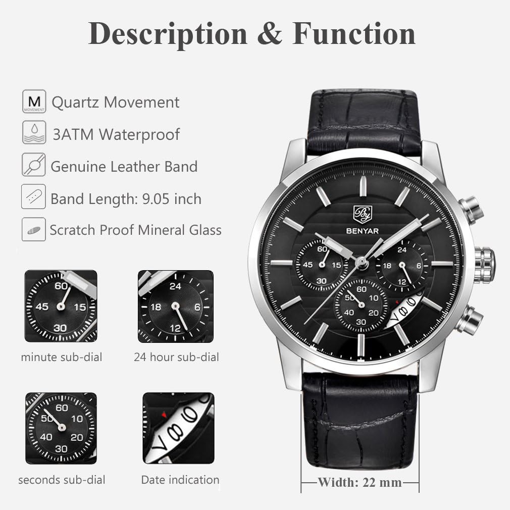 BENYAR Mens Watches Quartz Chronograph Business Brand Waterproof Wristwatches Fashion Brown Leather Watches for Men (Leather Black) - Image 5