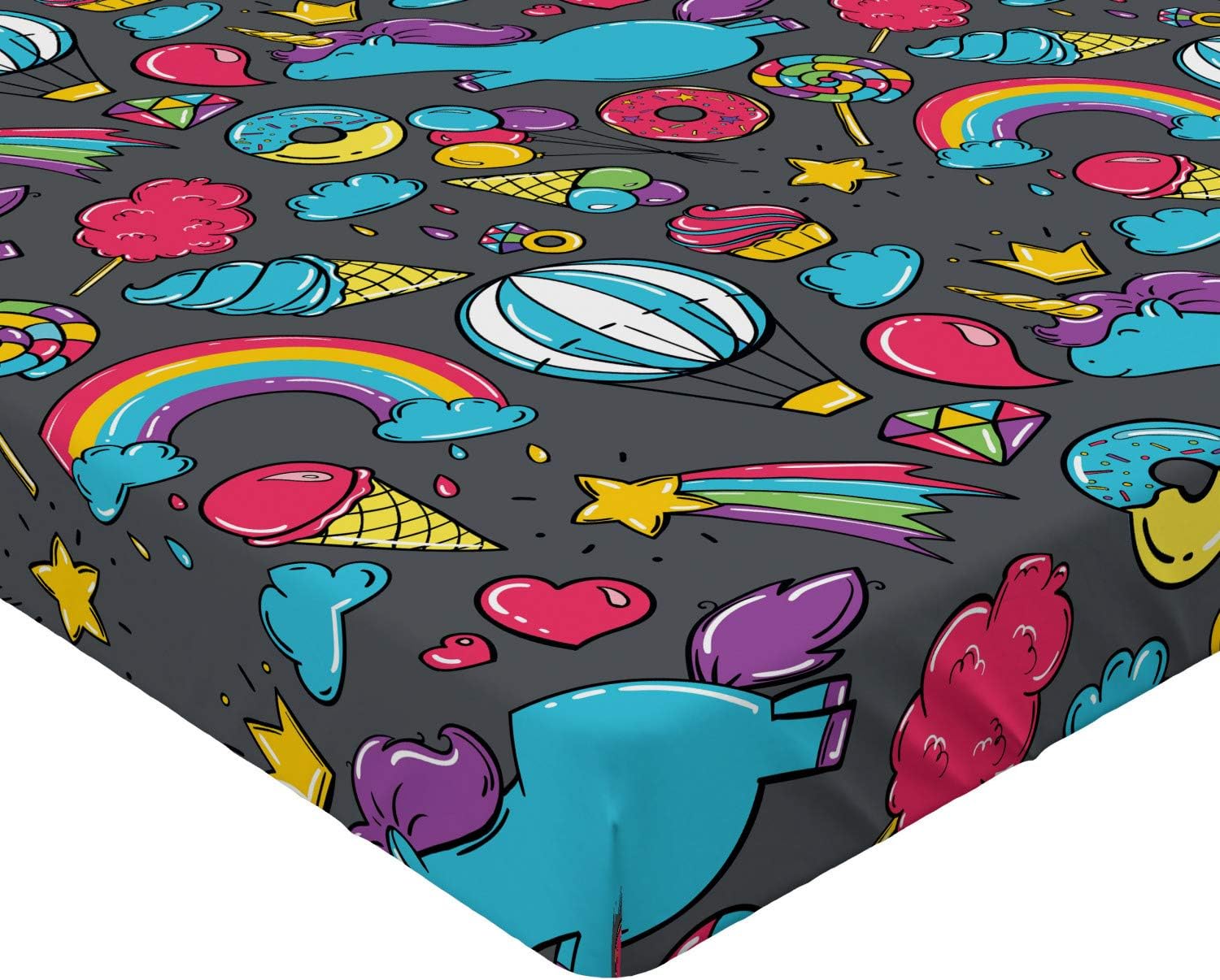 Ambesonne Unicorn Fitted Sheet, Dreamy Unicorns Rainbows Clouds Hot Air Balloons Cotton Candy Fantasy Cartoon, Bed Cover with All-Round Elastic Deep Pocket for Comfort, Queen Size, Multicolor