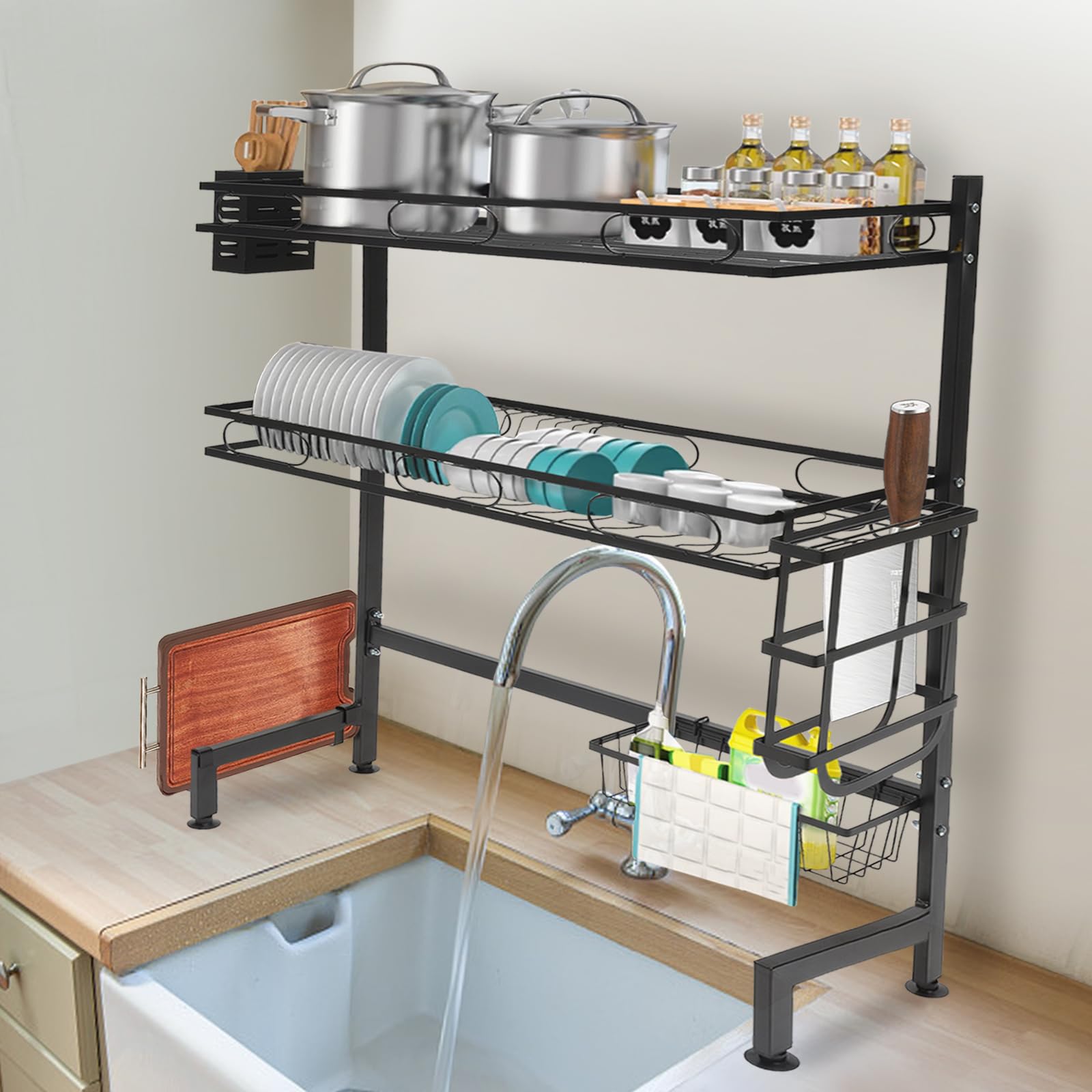 Geschirr Abtropfgestell Über Spüle Rostfreie Geschirr Abtropfgitter Abtropfschale Küchen Organizer mit Utensilienhalter Schneidebretthalter Messerblock Schwarz (62 cm)