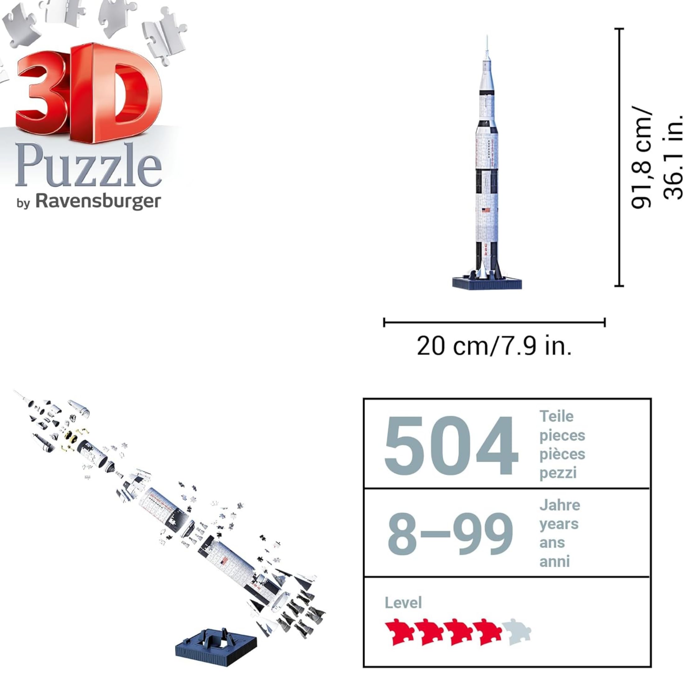 Ravensburger - Puzzle 3d Apollo Saturn V | Puzzle 3d Per Adulti E Bambini A Partire Dagli 8 Anni | Modellismo Da Costruire Adulti Di 504 Pezzi | Regalo Bambino 8 Anni E Più