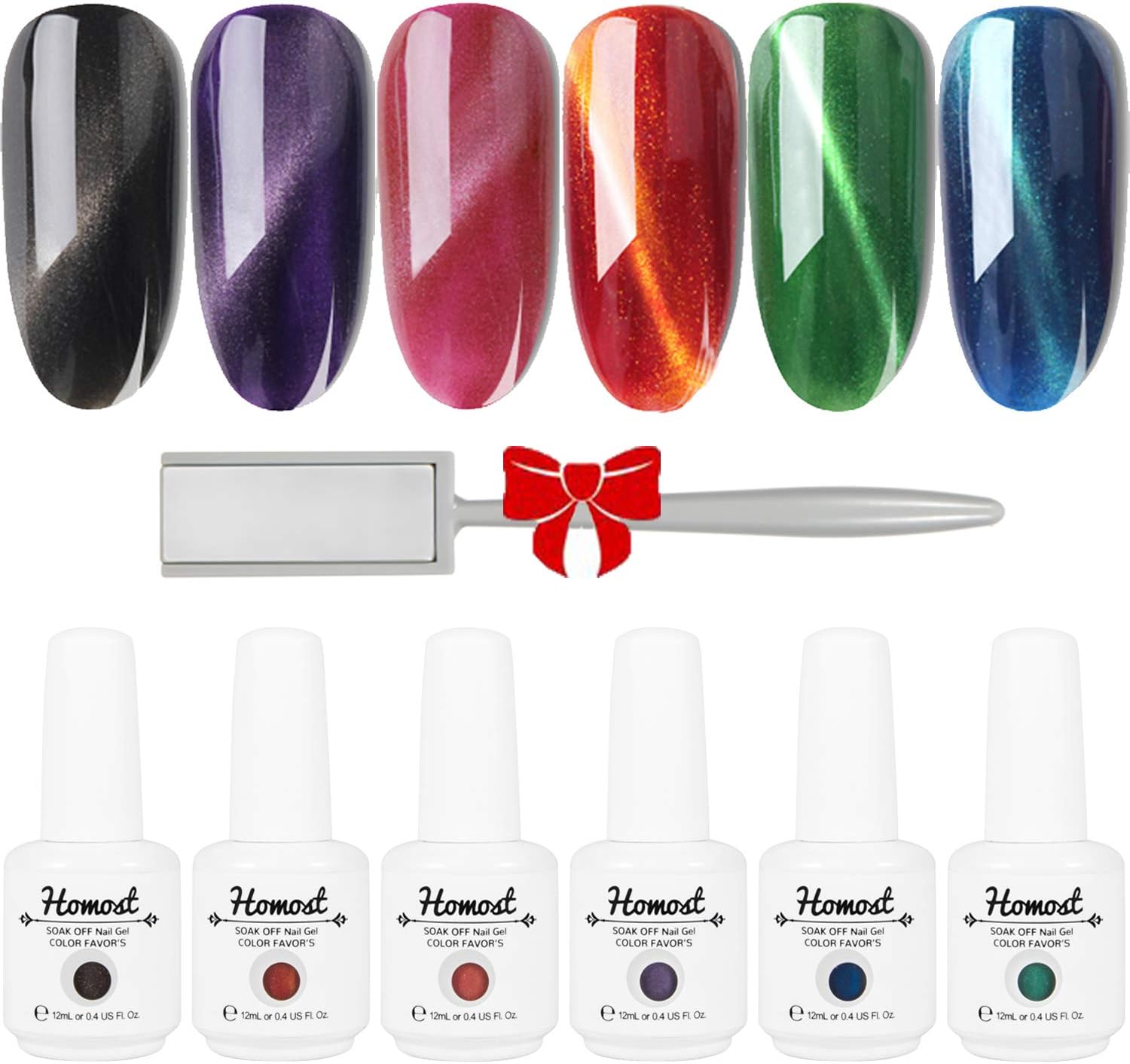 Homost 3D Cat Eye Gel Nail Polish Set, 6 Colors UV LED Gel Nail Polish Kit, Gel Nail Manicure DIY Kit