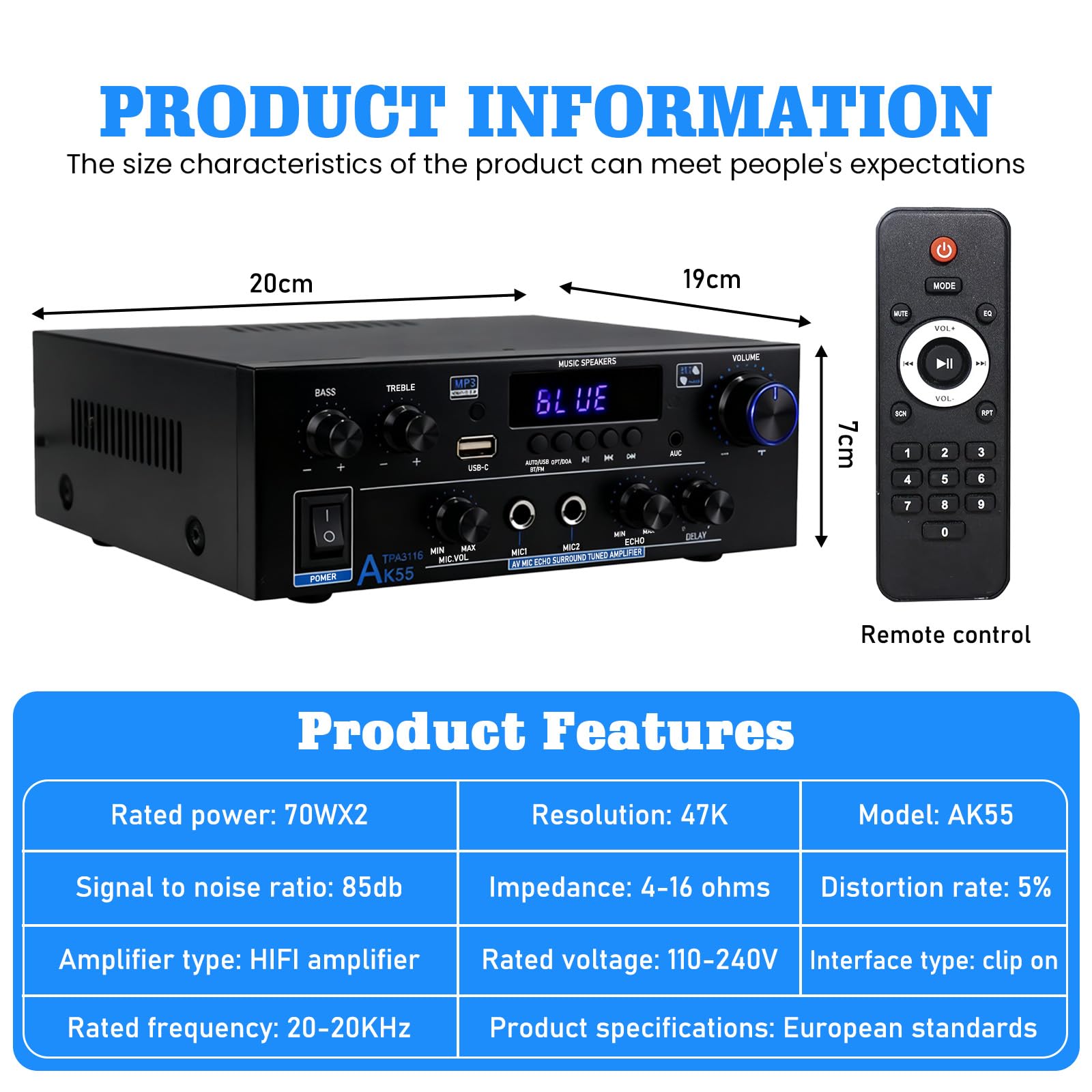 AK55 Amplificatore HiFi Mini Bluetooth 5.0 Stereo Amplifier 2.0 Canali 70W X 2 Audio Amplificatore Digitale Amplificatore con radio FM, telecomando, Opt/AUX/RCA/USB/MIC/BT