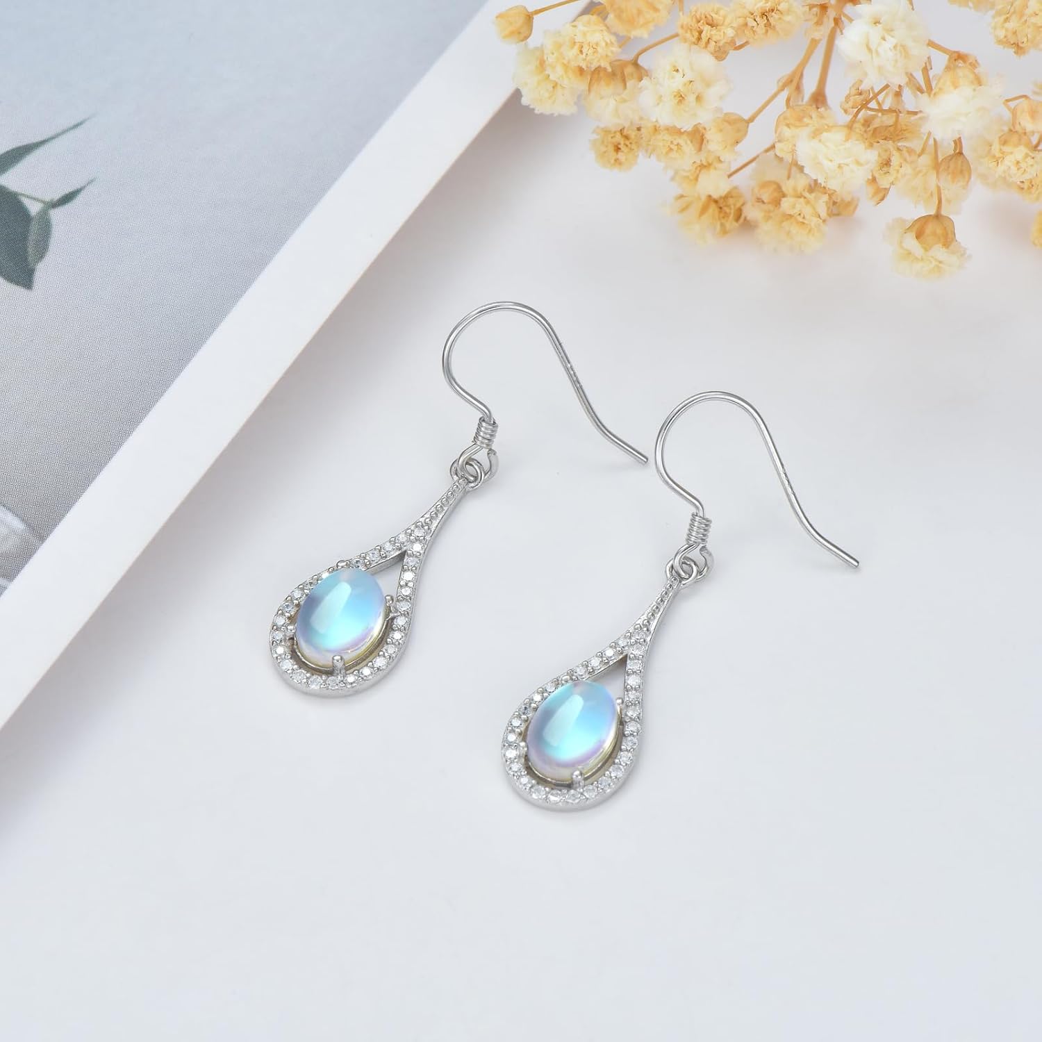 Moonstone Earrings 925 Sterling Silver Hook Earrings Oval Rainbow Moonstone Dangle Drop Earrings Jewelry Gift for Women - Image 3