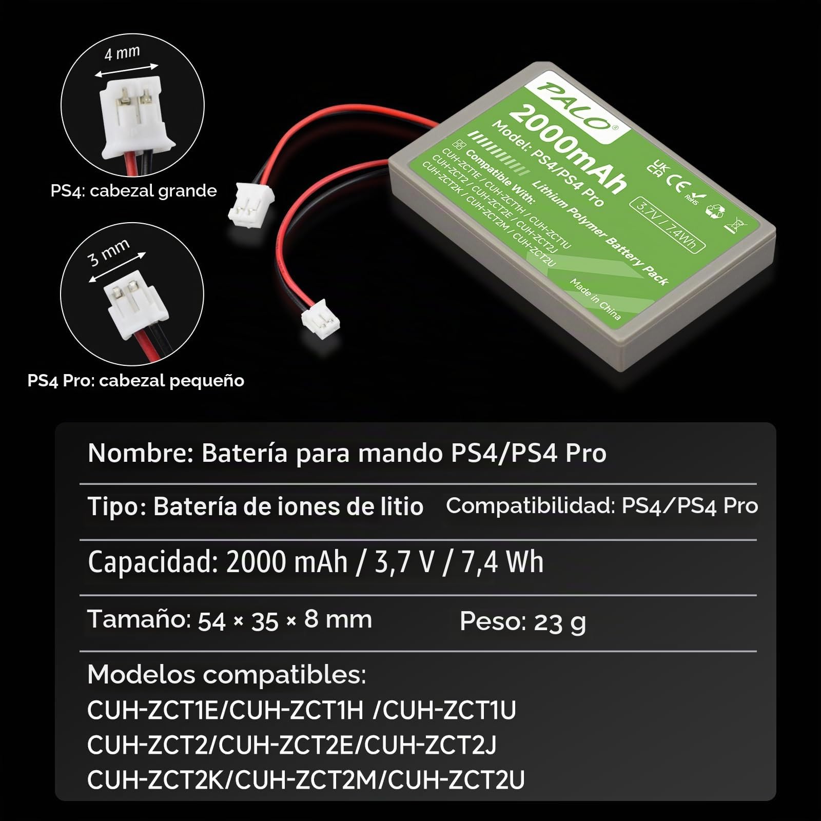 2000mAh Batería de Repuesto para Sony PS4 / PS4 Pro / PS4 Slim PS4 Dualshock 4 Controlador CUH-ZCT1E CUH-ZCT1H CUH-ZCT1U CUH-ZCT2 CUH-ZCT2U (1Pcs)