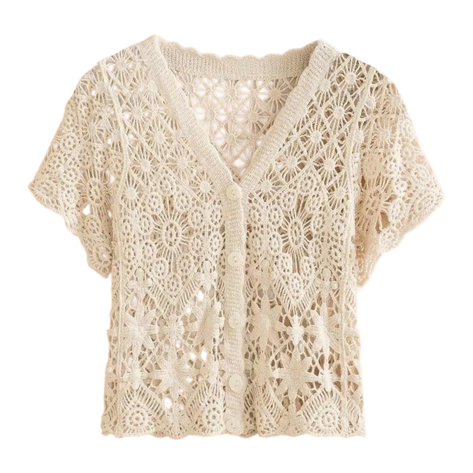 Générique Hauts Tendance Grande Taille, Cardigan d'été élégant en Dentelle à Manches Courtes, Haut léger Ouvert sur Le Devant, pour Un Usage Quotidien