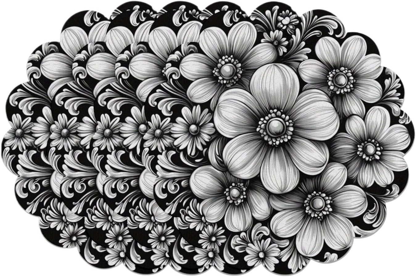 4-Piece Black & White Floral Placemats with Vine Pattern - Round Table Decor for Family Gatherings and Cafés