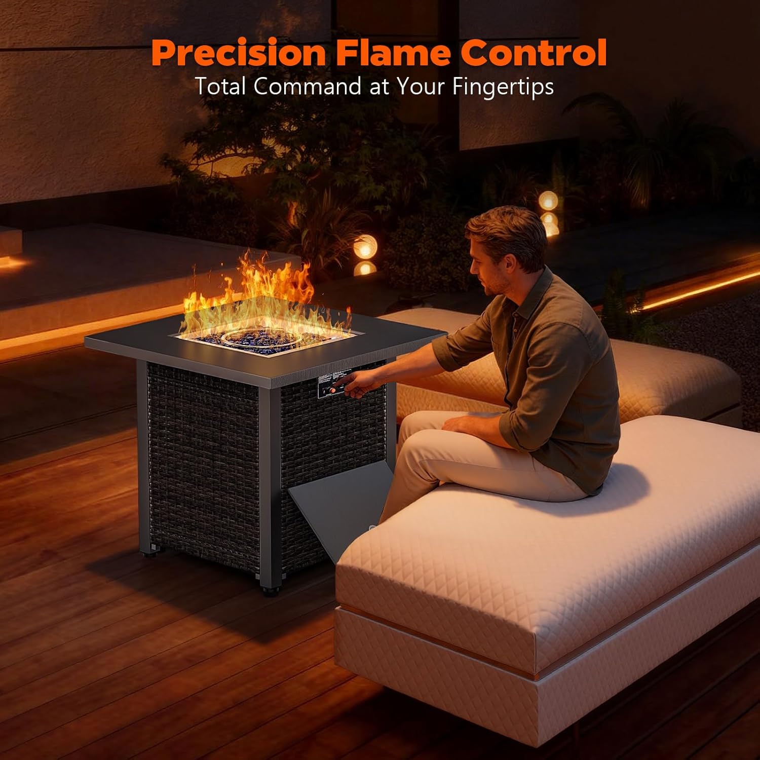 COWSAR 28" Rattan Square Propane Fire Pit Table, 50,000 BTU Outdoor Gas Fire Pit, Includes Lid and Lava Rocks for Patio Deck Garden Warmth and Ambiance, Black