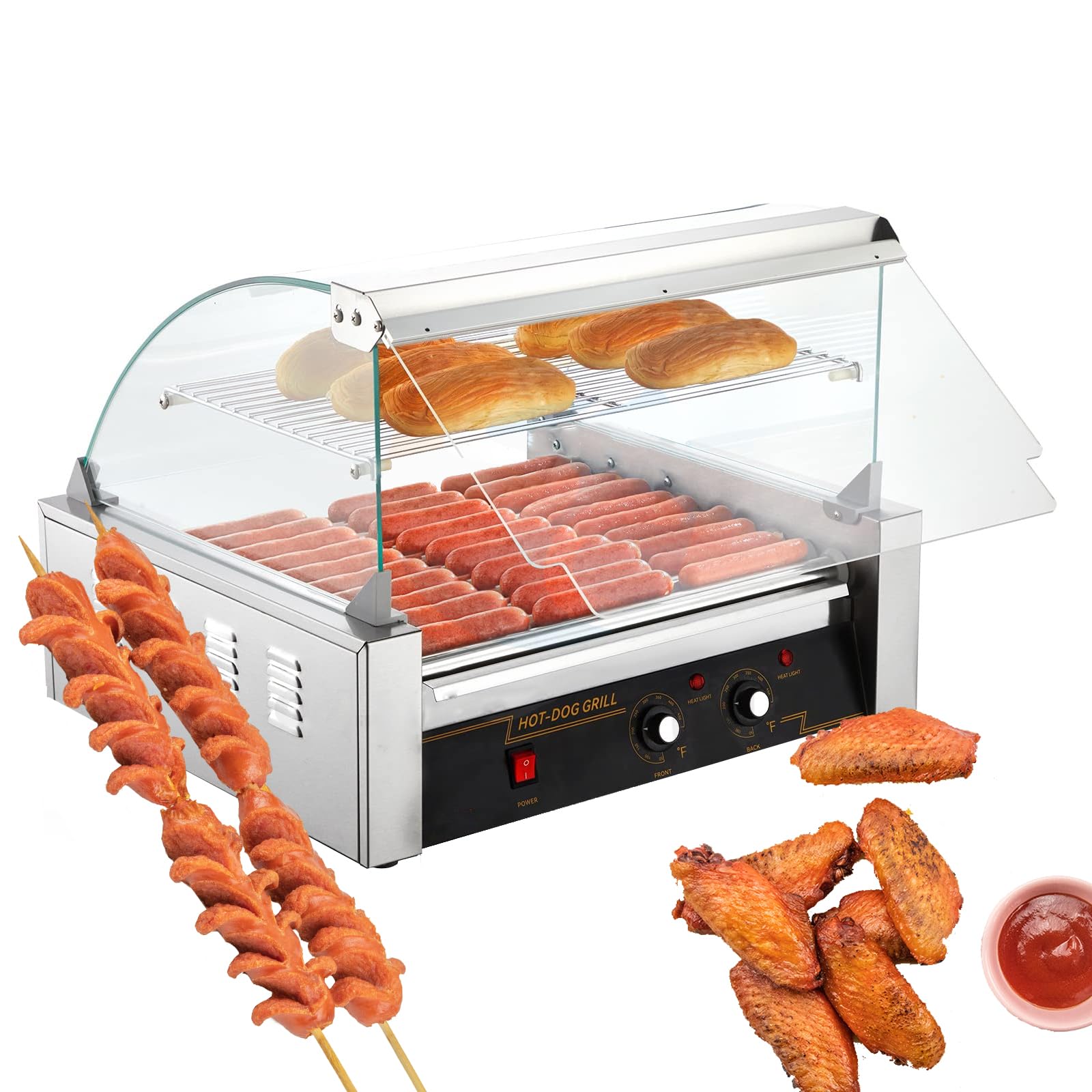 Rodillos comerciales para perros calientes, parrilla de rodillo para perros calientes, máquina de acero inoxidable con cubierta antipolvo, máquina de rodillos para perros calientes con control de