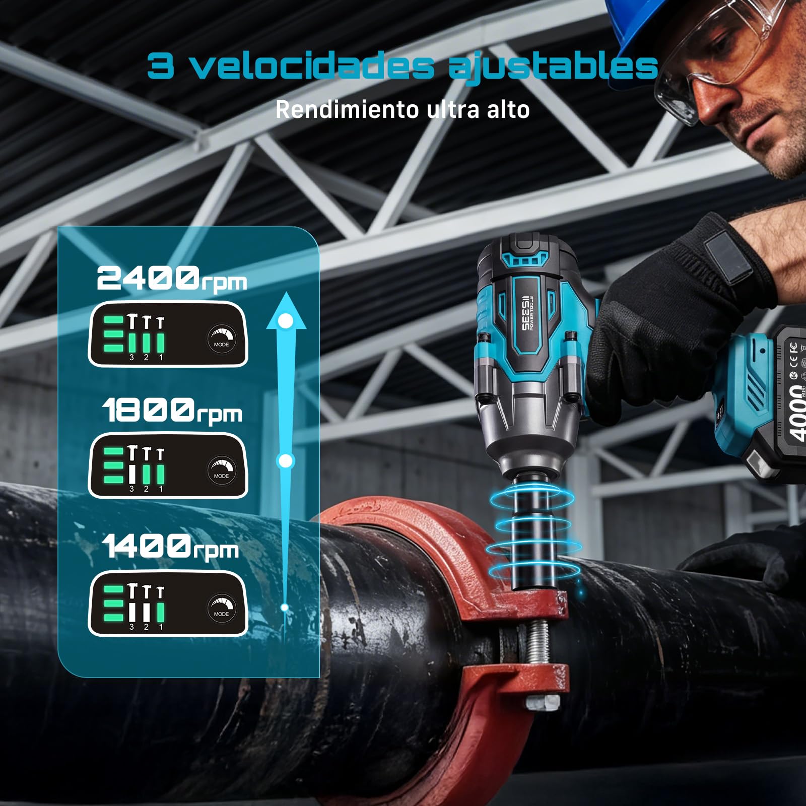 Seesii 1200 N·m llave de impacto a batería, 1/2 Pistola de Impacto sin escobillas con dos baterías de 4000 mAh, cargador rápido, 5 llaves de vaso, llave de impacto para neumáticos de coche