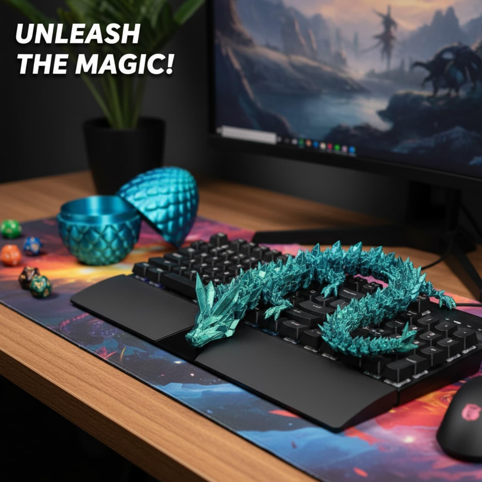 Glittering 3D Printed Dragon Egg with Bendable Dragon Inside, Mystical Alien Egg Crystal Animal, Fidget Spinner Alternative Toy for Kids, End of Term Gift (Blue Green) - Image 4