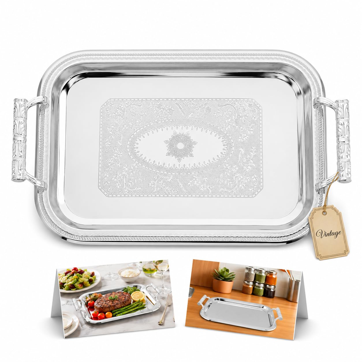 PartyKindom Serving Tray with Handles: Stainless Steel Platter Rectangular Decorative Dish Vintage Embossed Silver Server for Tea Dessert Fruit Coffee Table Display Dinner Plate Metal Holder