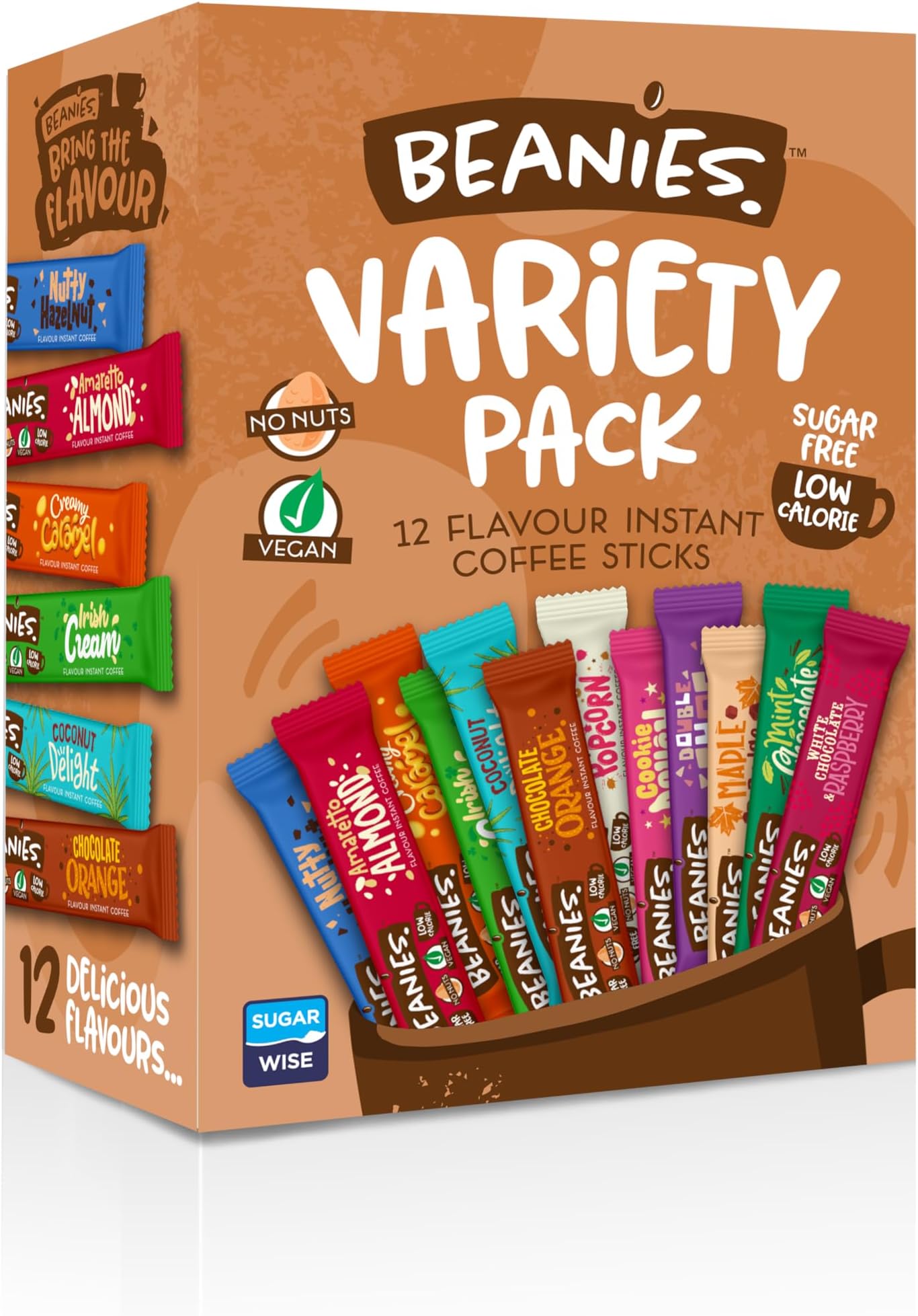 Beanies Mixed Flavoured Instant Coffee 12 Sachets with 12 Different Flavours in a variety pack, Freeze-Dried Granules, Premium Taste, Nut-Free, Rich in Flavour, Low-Calorie, Gluten-Free, Vegan