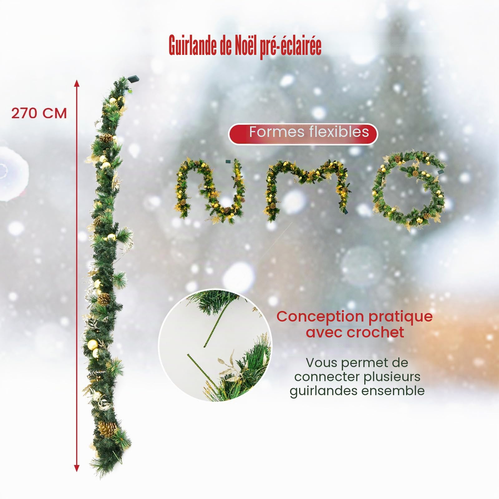 KOMFOTTEU Guirlande de Noël LED 270cm pour escaliers et cheminées | Couronne de Sapin Artificiel avec Baies Rouges et Pommes de pin, décoration de Noël pour escaliers et cheminées (Vert)
