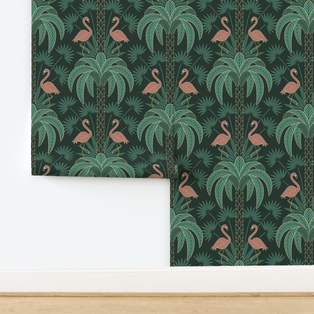 Peel & Stick Wallpaper 3ft x 2ft - Palm Trees Flamingo Art Deco Tropical Damask Deep Emerald Green Extra Flora Gold Beach Custom Removable Wallpaper by Spoonflower