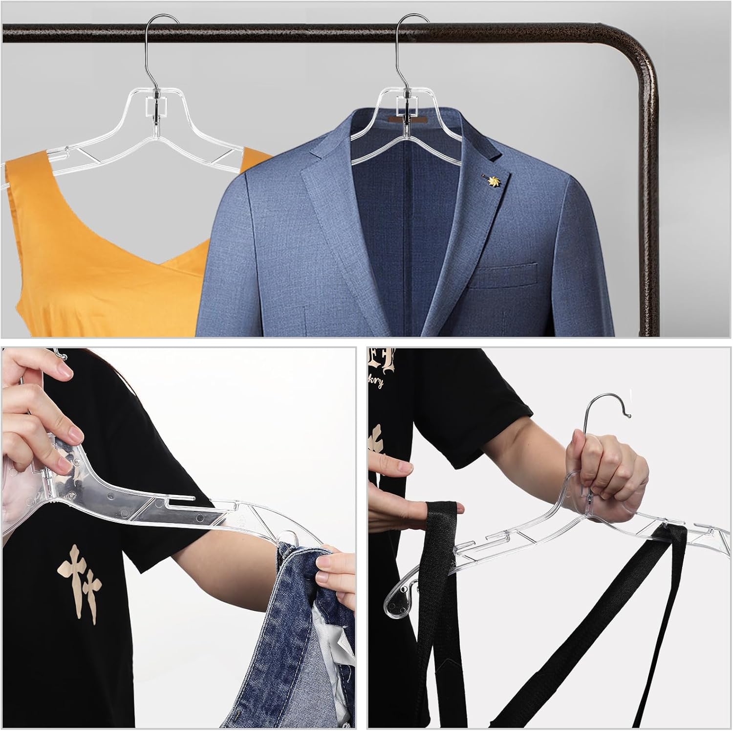 12 Pack Clear Plastic Hangers,Shirt Hanger Clear Hangers with 360 Swivel Metal Hook,Heavy Duty Dress Hangers Coat Hangers for Clothes Shirts Dresses,16.7 Inch - Image 7