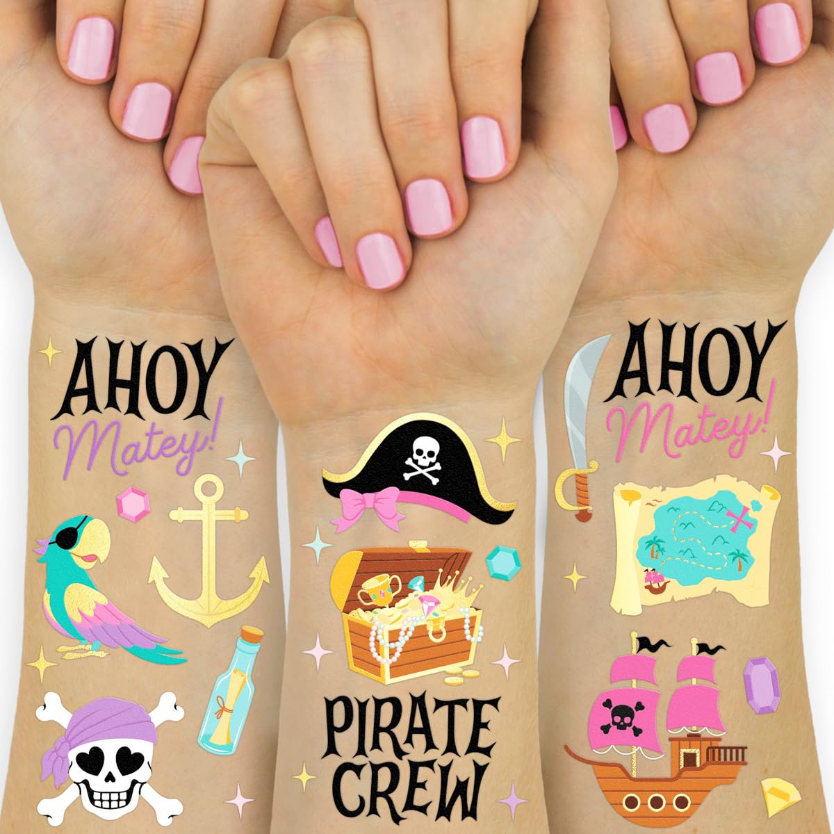 xo, Fetti Pirate Crew Temporary Tattoos - 48 Gold Foil Pcs | Birthday Accessory, Girl Treasure Hunt Decorations, Kids Ahoy Party Favor, Cute Pink