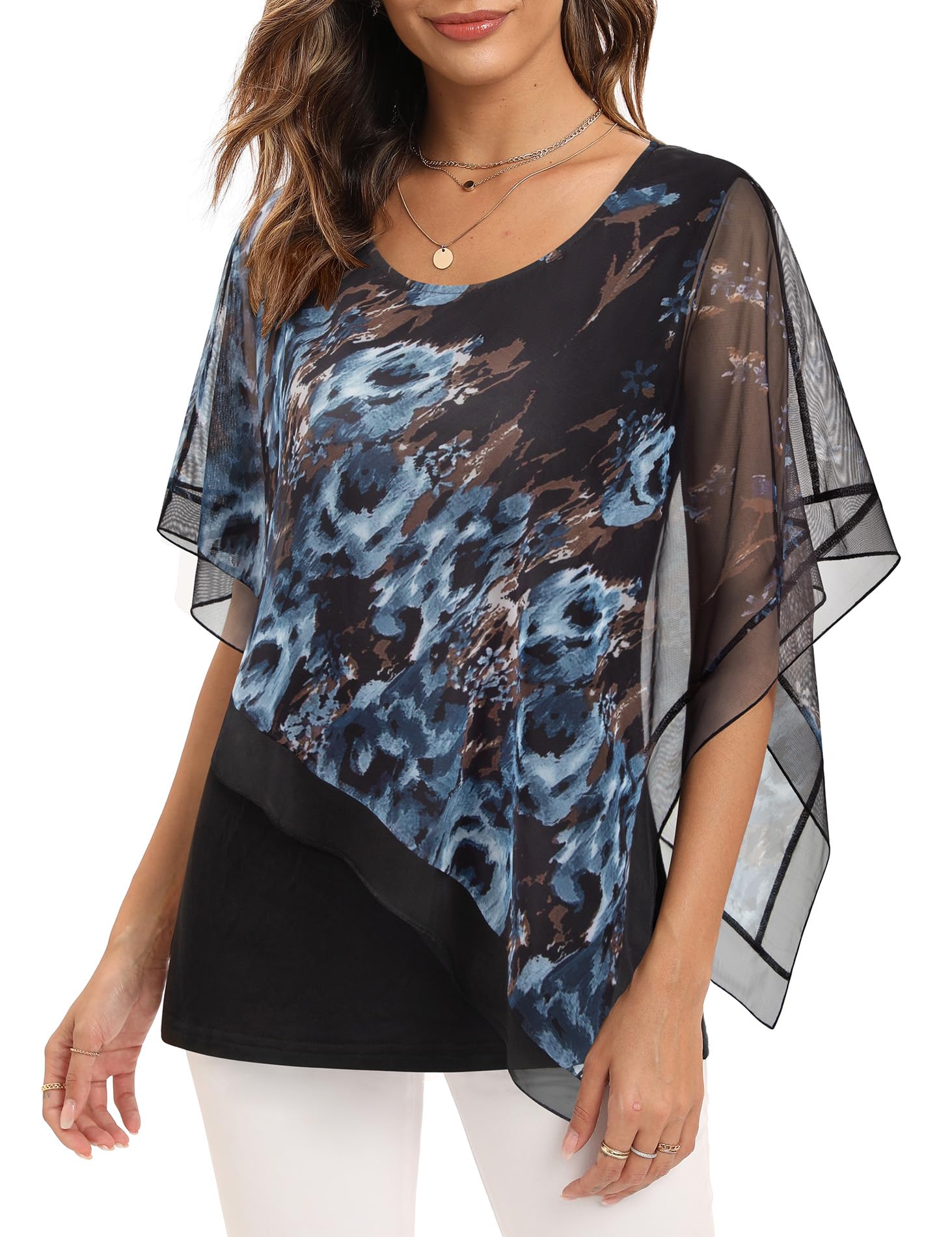 Women's Elegant Mesh Blouses Flowy Poncho Tops Dressy Casual Shirts-image-19
