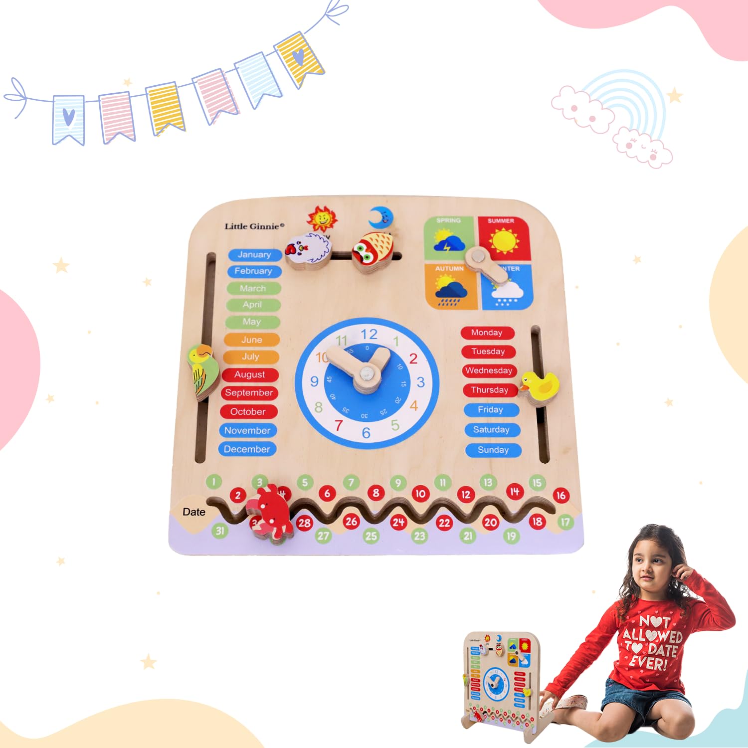 Little Ginnie Wooden Calendar for Kids | Learning Games | Wooden Time Month Date Season Board, 7in1 Learning Toys/Motor Skill Toy (B0DC3PLHKJ) Amazon Price History, Amazon Price Tracker