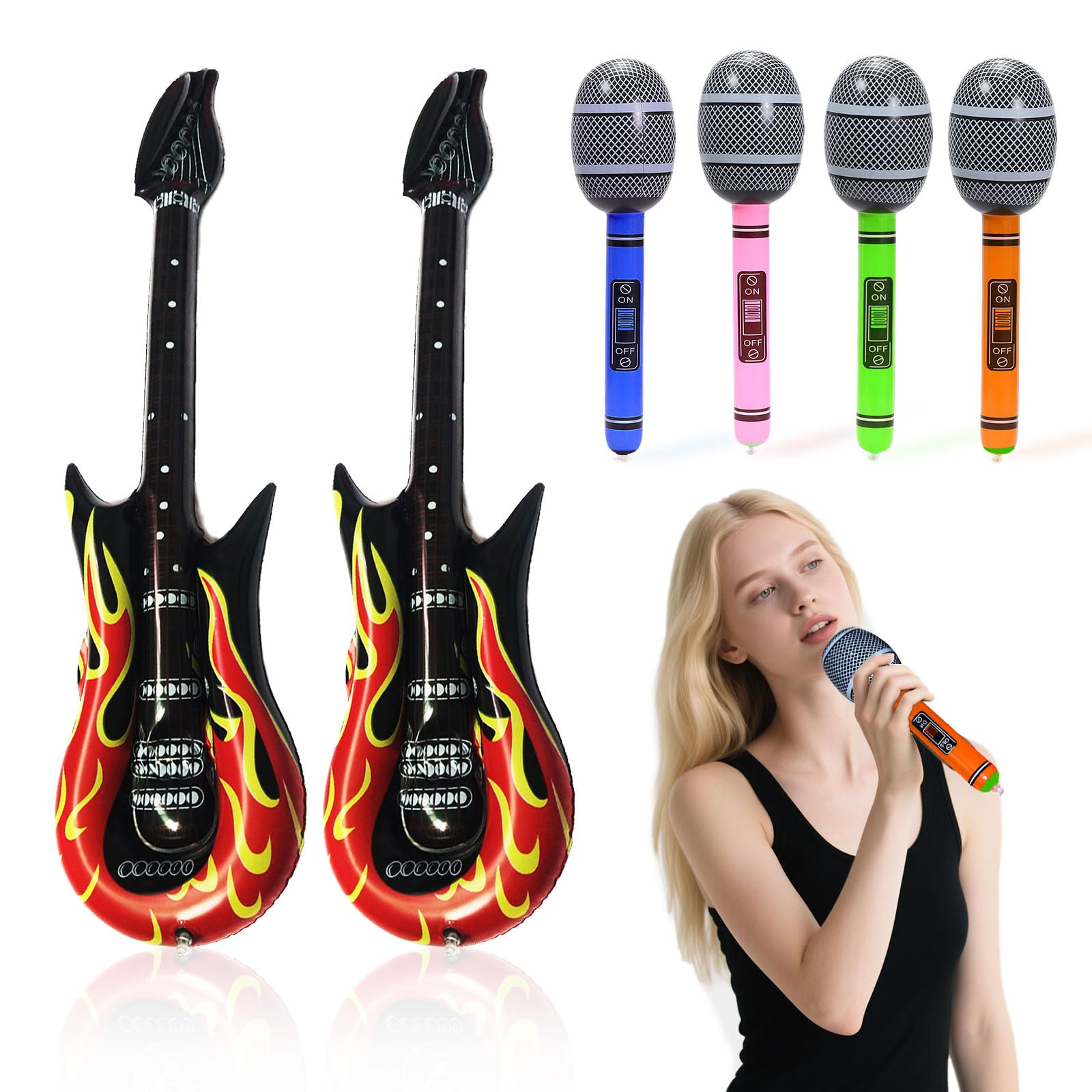 SAIIURV 6 Pcs Inflatable Flame Guitar, Inflatable Microphone, Blow up Guitar, Dress Punk Rocker Party Accessories
