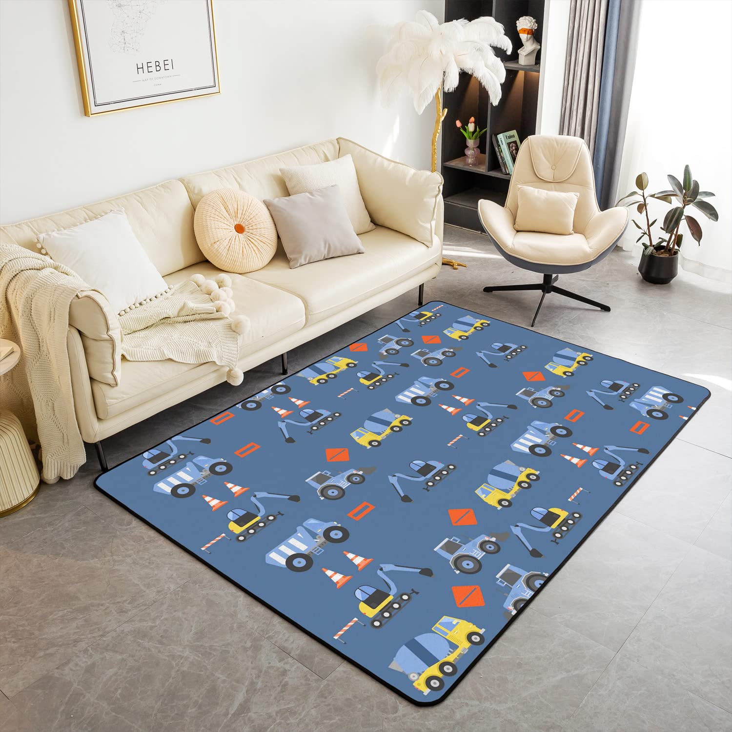 Construction Area Rug Equipment Trucks Rugs for Living Room Cartoon Car Excavator Tractor Decorative Carpet Tractor Indoor Floor Mat Cartoon Farm Equipment Trucks Blue Yellow Accent Rug 100*150cm โ image 1