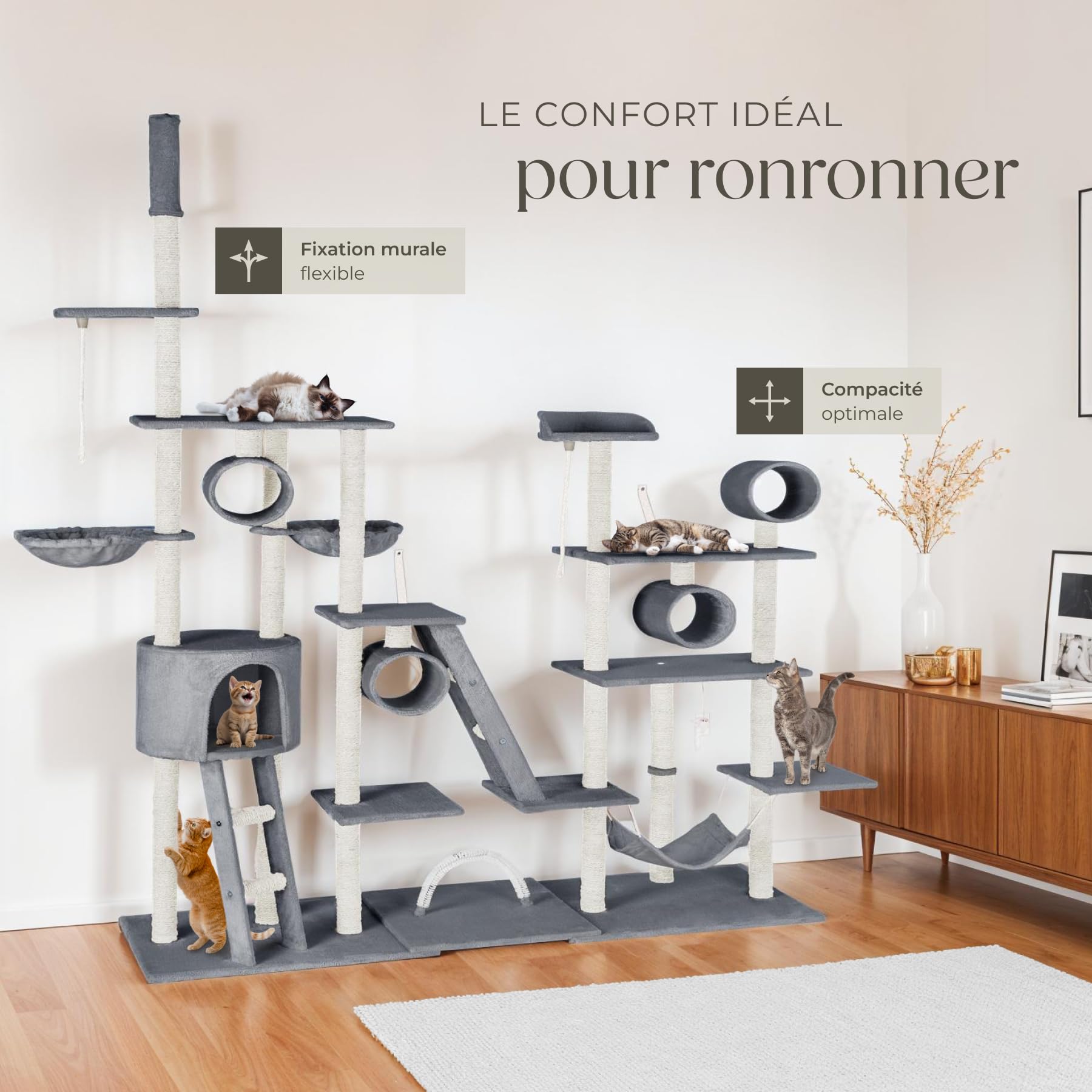 tectake® Arbre à Chat XXL Griffoir pour Chat en sisal H261 cm, Jeux Chats Appartement Accessoire Grattoir Tunnel Niche Couchage Hamac Panier Lit pour Chats