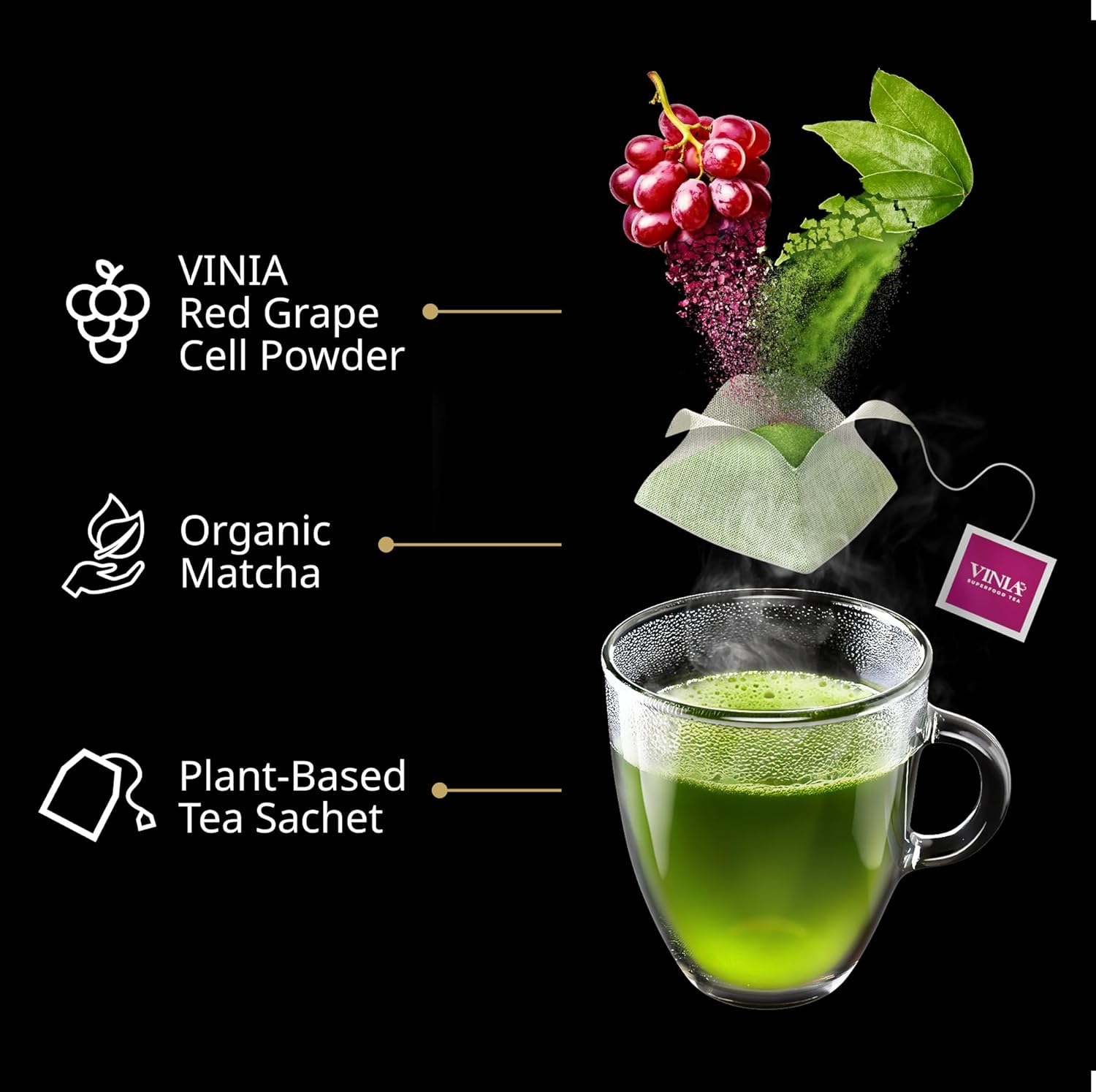 VINIA Premium Matcha + Green Tea Bags, Made with Organic Tea, Infused with Piceid Resveratrol for Heart Health, Nitric Oxide, Physical Energy, Alertness, Blood Flow, Keto, Kosher, NON-GMO. 30 Ct