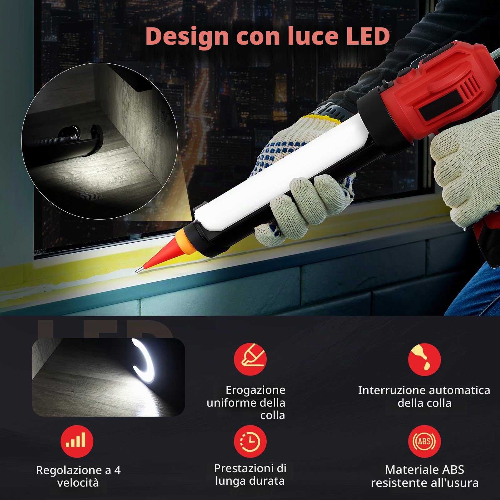 Pressa per cartucce a batteria da 18 V compatibile con Makita – Pistola elettrica in silicone con luce a LED e 4 livelli di velocità per cartucce da 300 ml, pistola a cartuccia a batteria per