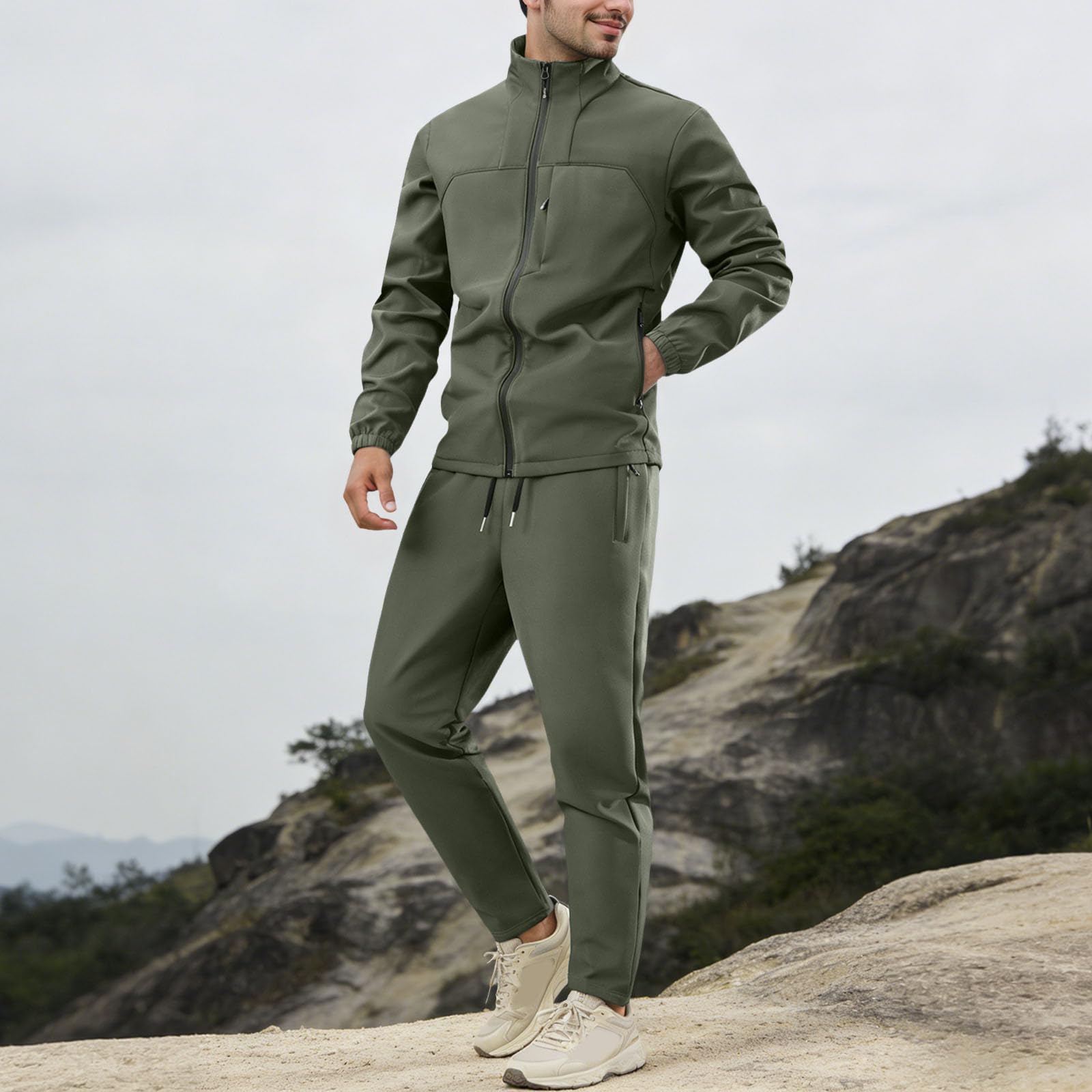 Sportanzug Herren Einfarbig Jogginganzug Set Wasserdichte Winddicht Softshelljacke und Baggy Bequem Sporthose mit Kordelzug Zweiteiliger Sportliche Outdoor Freizeitanzug Outdoorjacke
