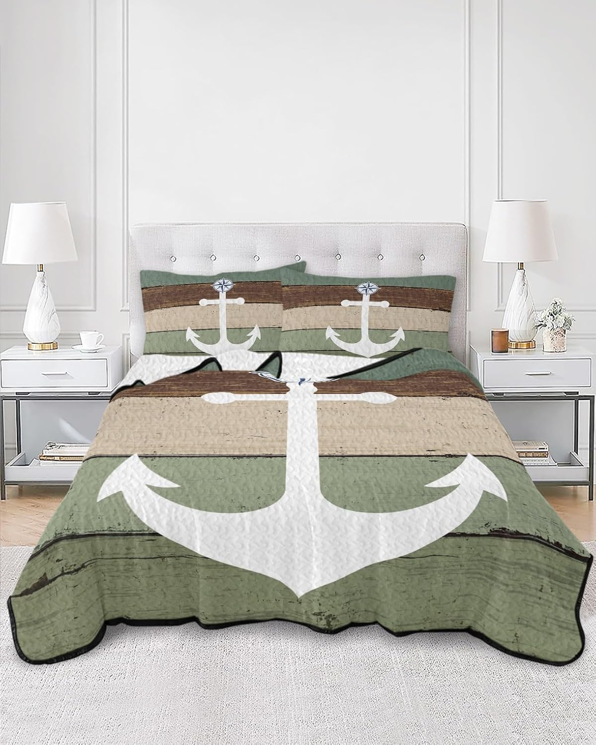 King Size Quilt Set, Ocean Anchor Compass Lightweight Bedspread Coverlet Set Soft Microfiber Summer Quilt with 2 Pillow Shams, Farm Sage Green Wood Board 3 Piece Comforter Bedding Set
