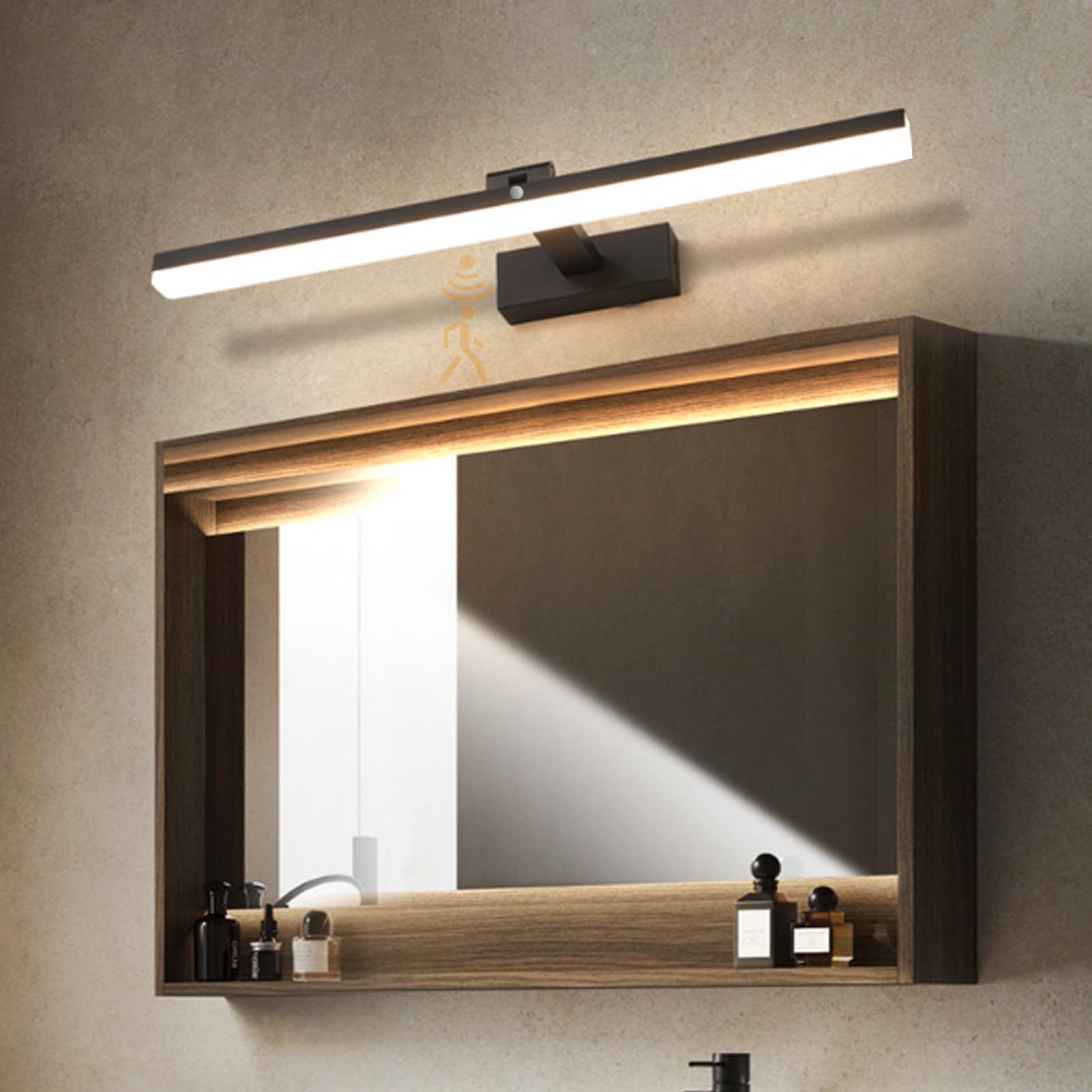 Kinkiet LED do łazienki z czujnikiem ruchu 120 stopni, akrylowy, aluminiowy, minimalistyczny, długi kinkiet, nowoczesna dekoracja lustrzana do salonu, sypialni i kuchni, czar,Black Neutral Light-40cm