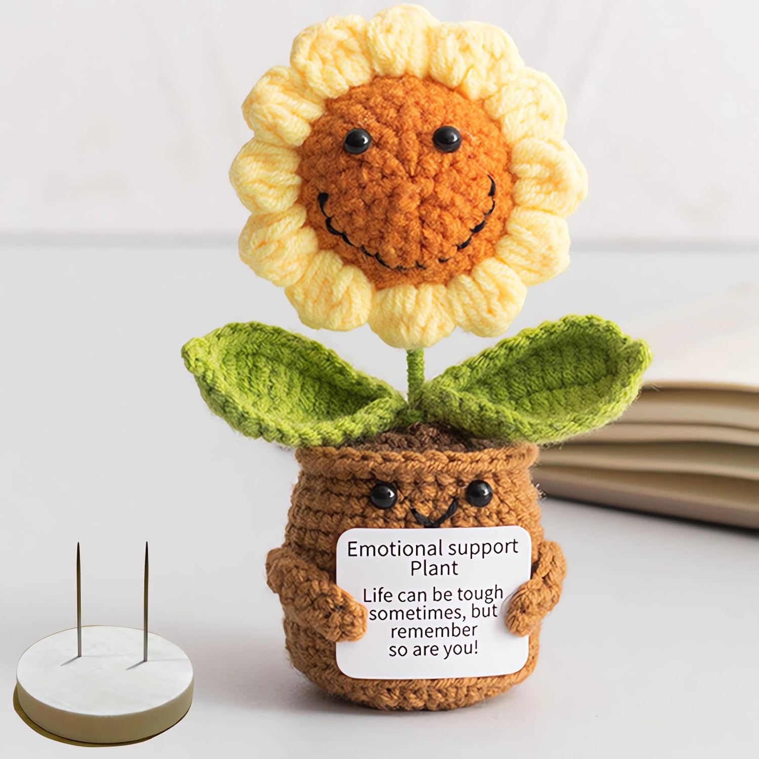 Handmade Crochet Sunflower Doll - Emotional Support Gift for Women, Therapy Plush Ornament with Stand, Self Care Mental Health Decor, Birthday Valentines Gift