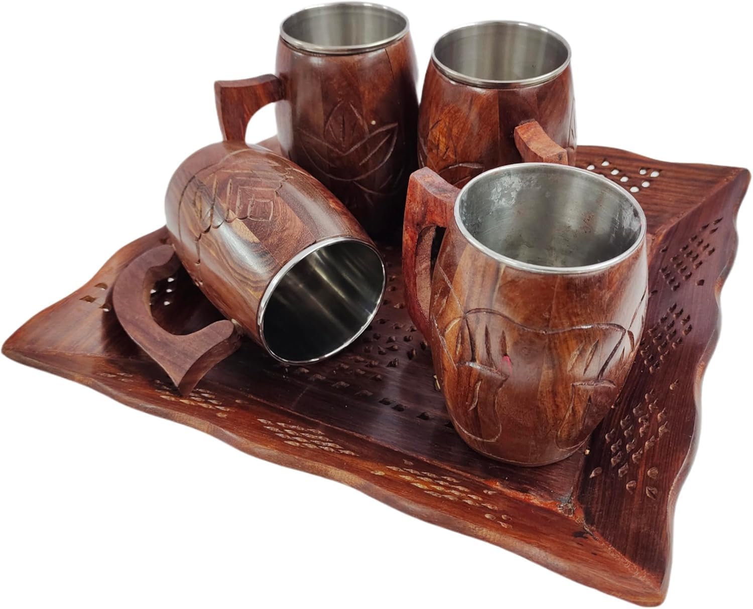 Nautical Vintage Breakfast Tray, Multipurpose Big Handmade Rectangular Long Coffee Table Tray Centerpiece Decorative Wooden Tray 12'' X 12'' with 4 Cup and 5 Spoon Serving Tray, Snack Tray