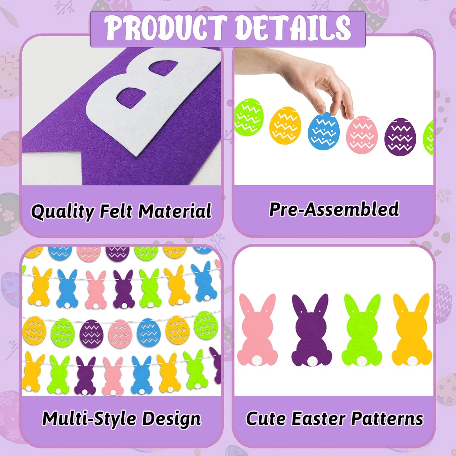 Easter Party Decorations, Fufuddz Funny Happy Easter Banner Bunny Garland Colorful Eggs Spring Decor for Inside Office Mantle Wall Home Birthday Sign Supplies with Pom Poms Gifts for Kids Women [Felt]