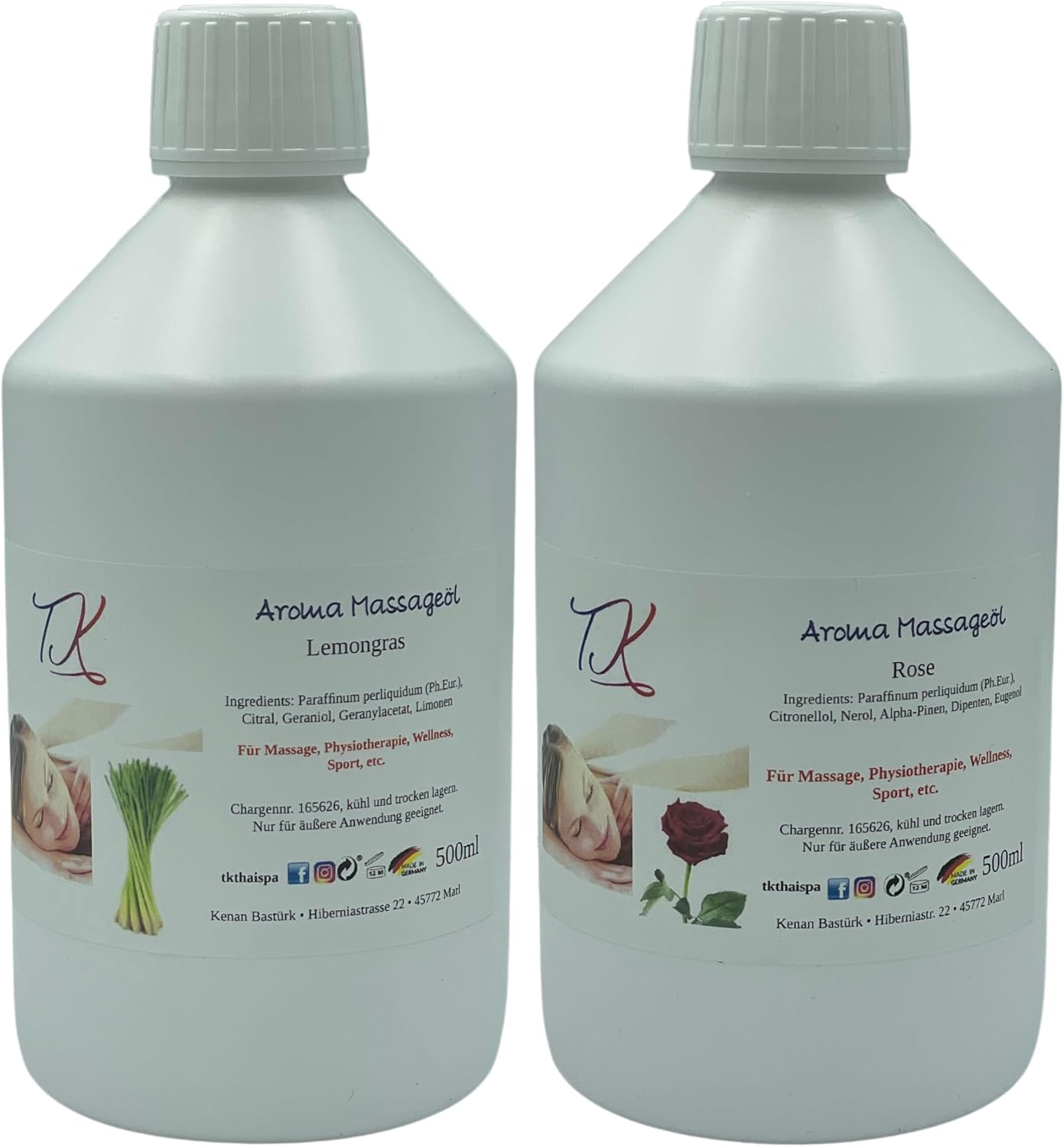 Aroma Massage Oil Set-10 2 x 500 ml for Massage Physiotherapy Wellness Sports etc. in Pharmaceutical Quality 1000 ml Lemongrass & Rose
