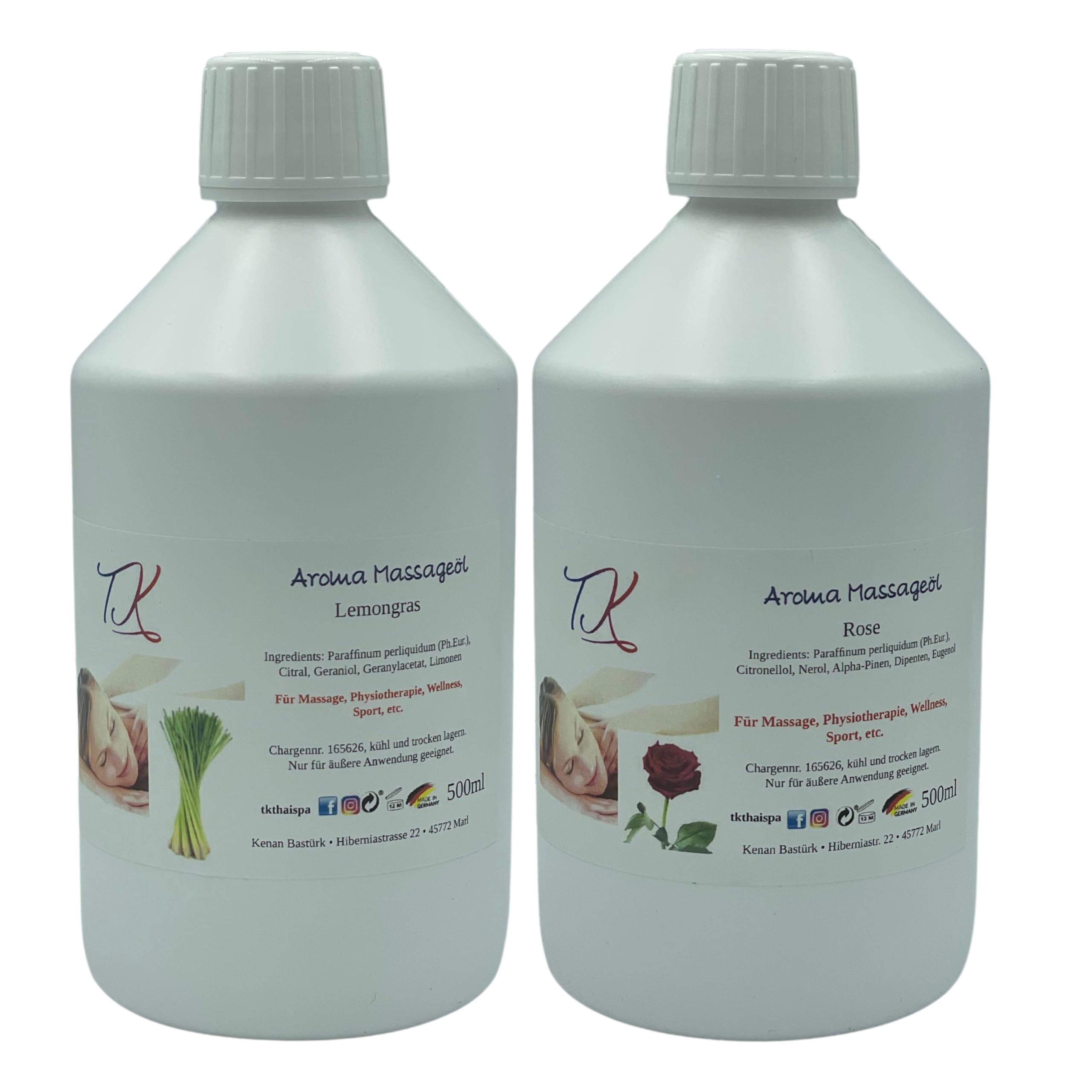 Juego de 10 aceites aromáticos para masajes, fisioterapia, bienestar, deportes, etc. (2 x 500 ml) en calidad farmacéutica (1000 ml, hierba de limón y rosa)